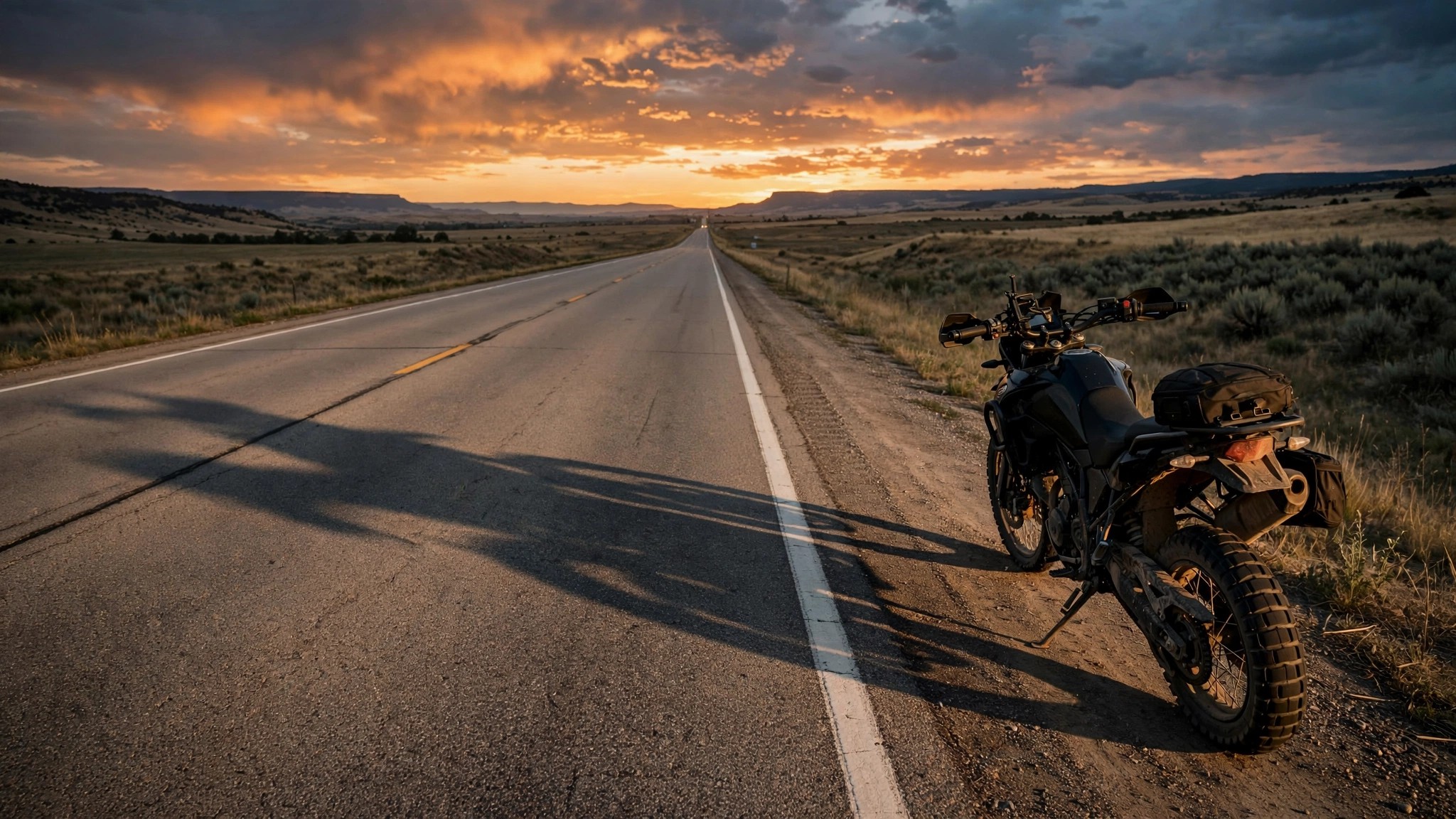 A lone motorcycle parked on the shoulder of a wide American highway at dusk