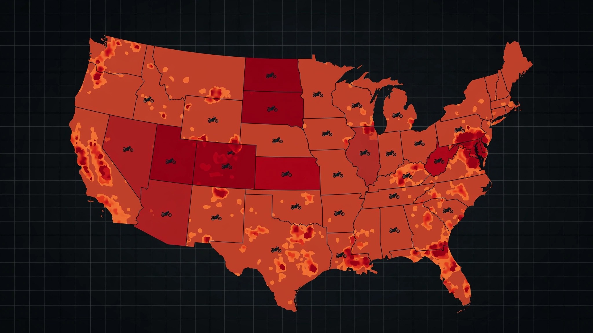 State-level motorcycle fatality data map showing surge hotspots
