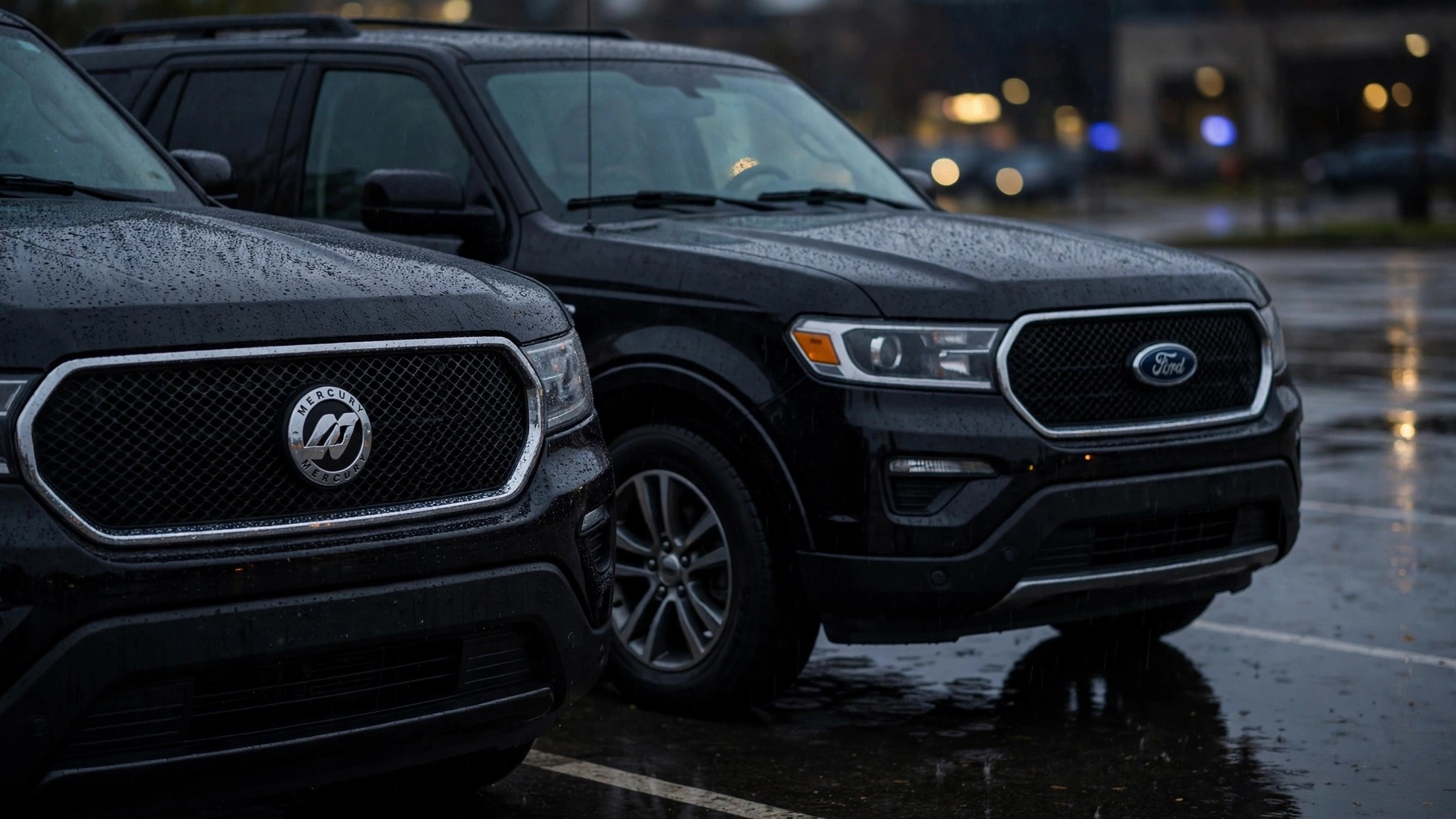 Two nearly identical SUVs with different badges in a dimly lit lot