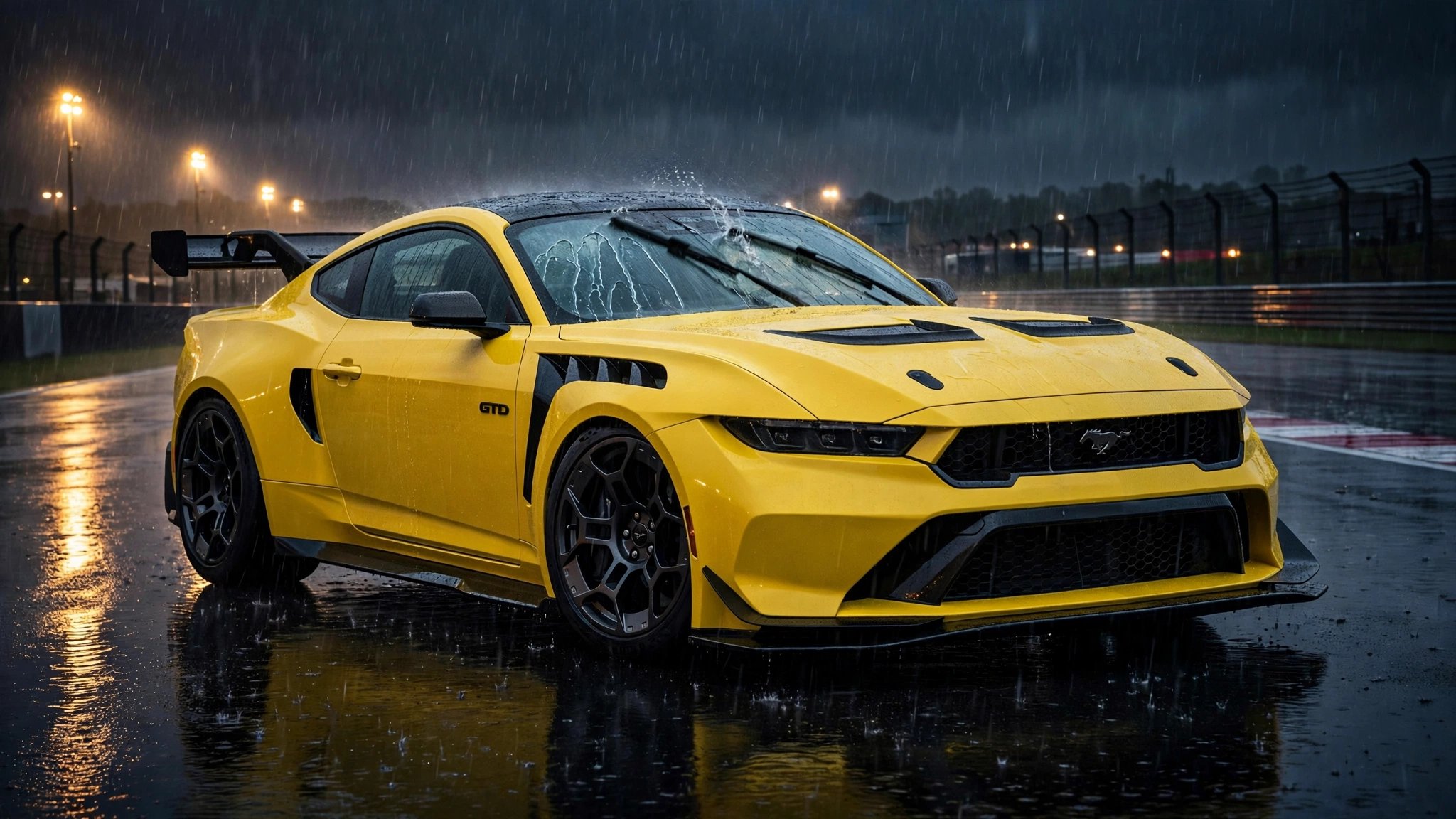 Ford Mustang GTD supercar in pouring rain with frozen windshield wipers