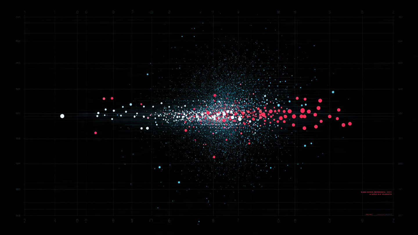 Abstract data visualization showing a cluster of blue dots near zero on a horizontal axis with scattered red dots far to the right representing dangerous vehicles