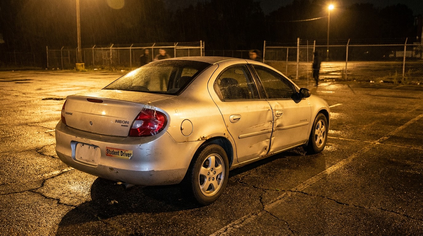 A worn early-2000s Dodge Neon in a dimly lit parking lot