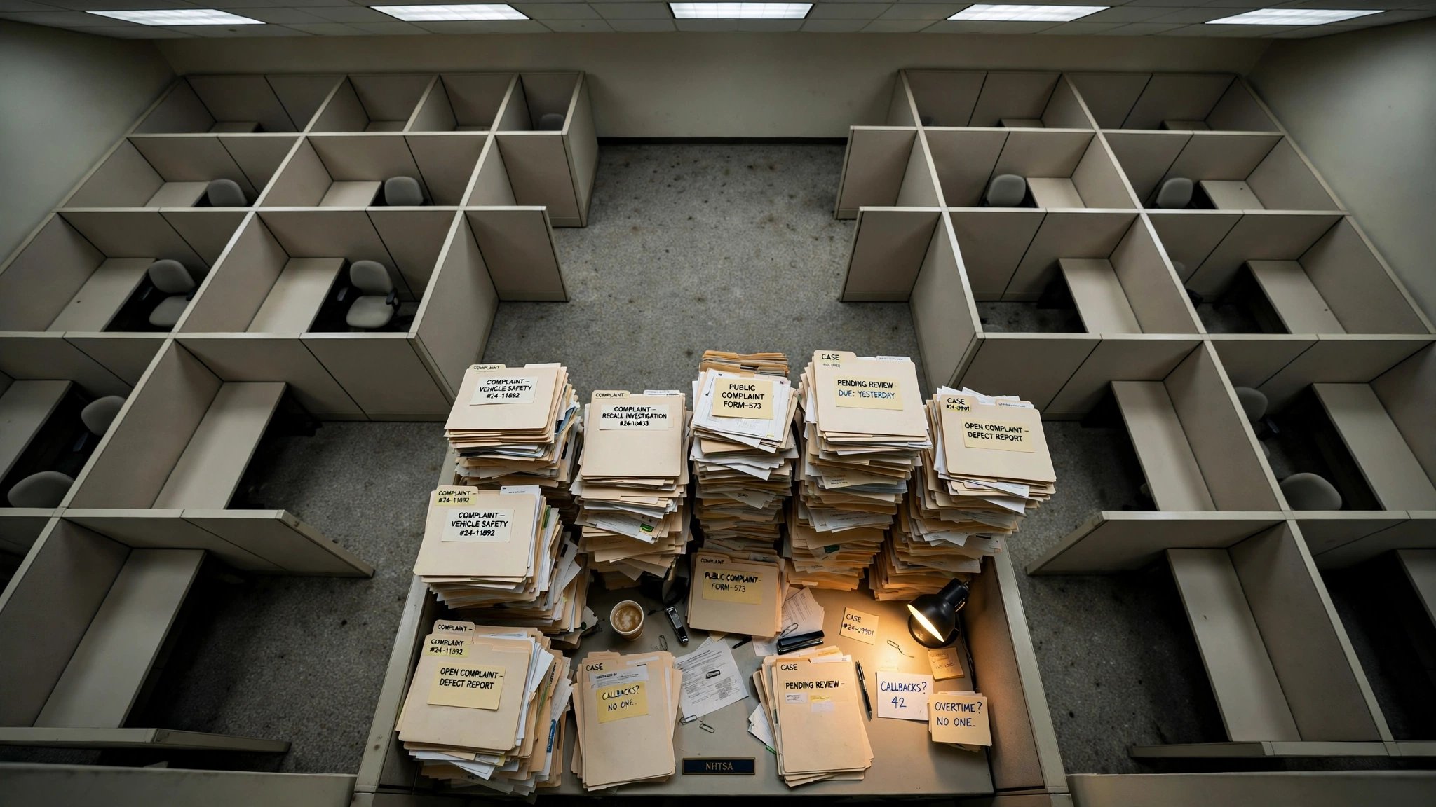 An understaffed government office with empty desks and stacked complaint folders under harsh fluorescent lighting