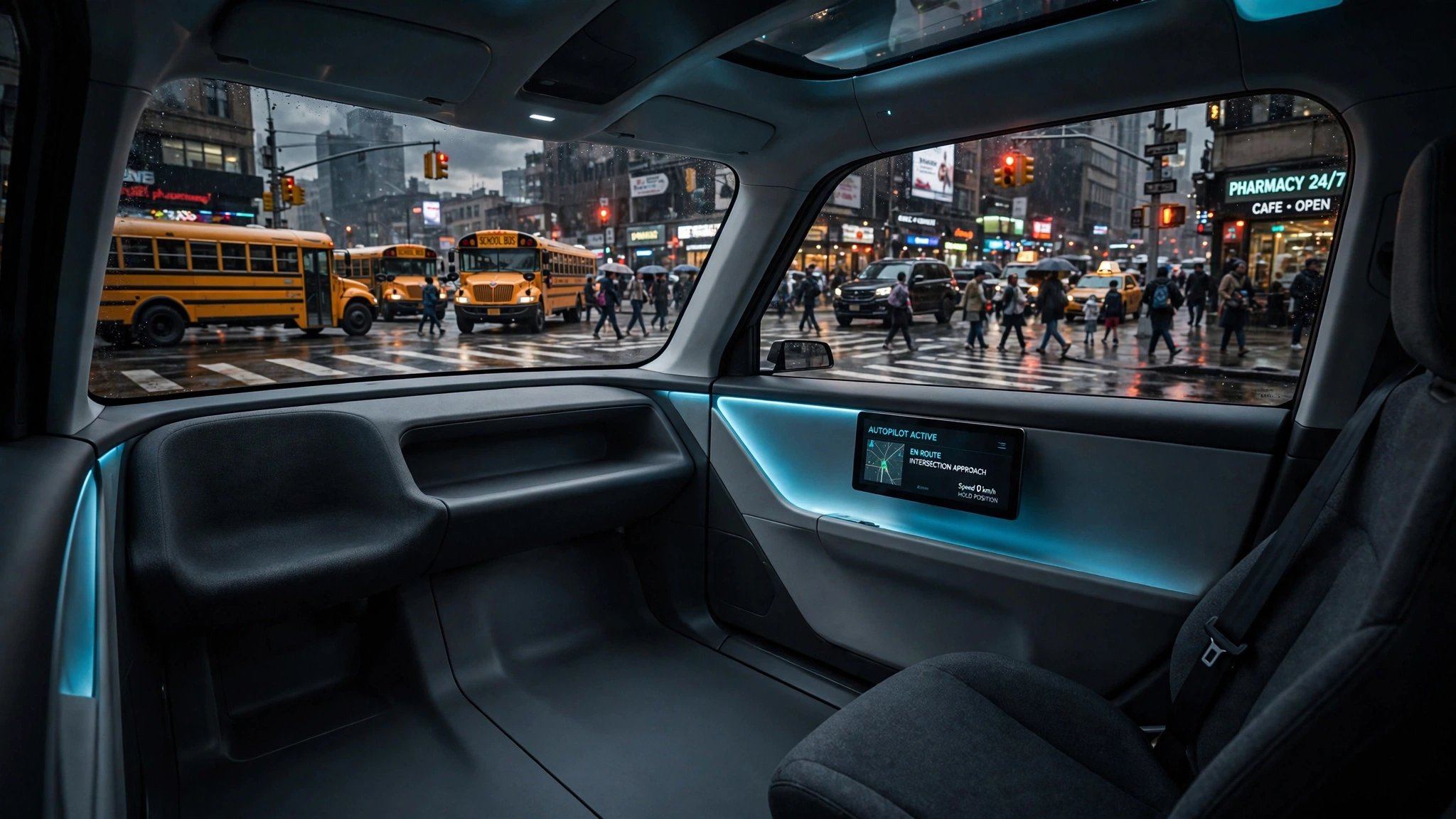 An empty robotaxi interior with no steering wheel or brake pedal
