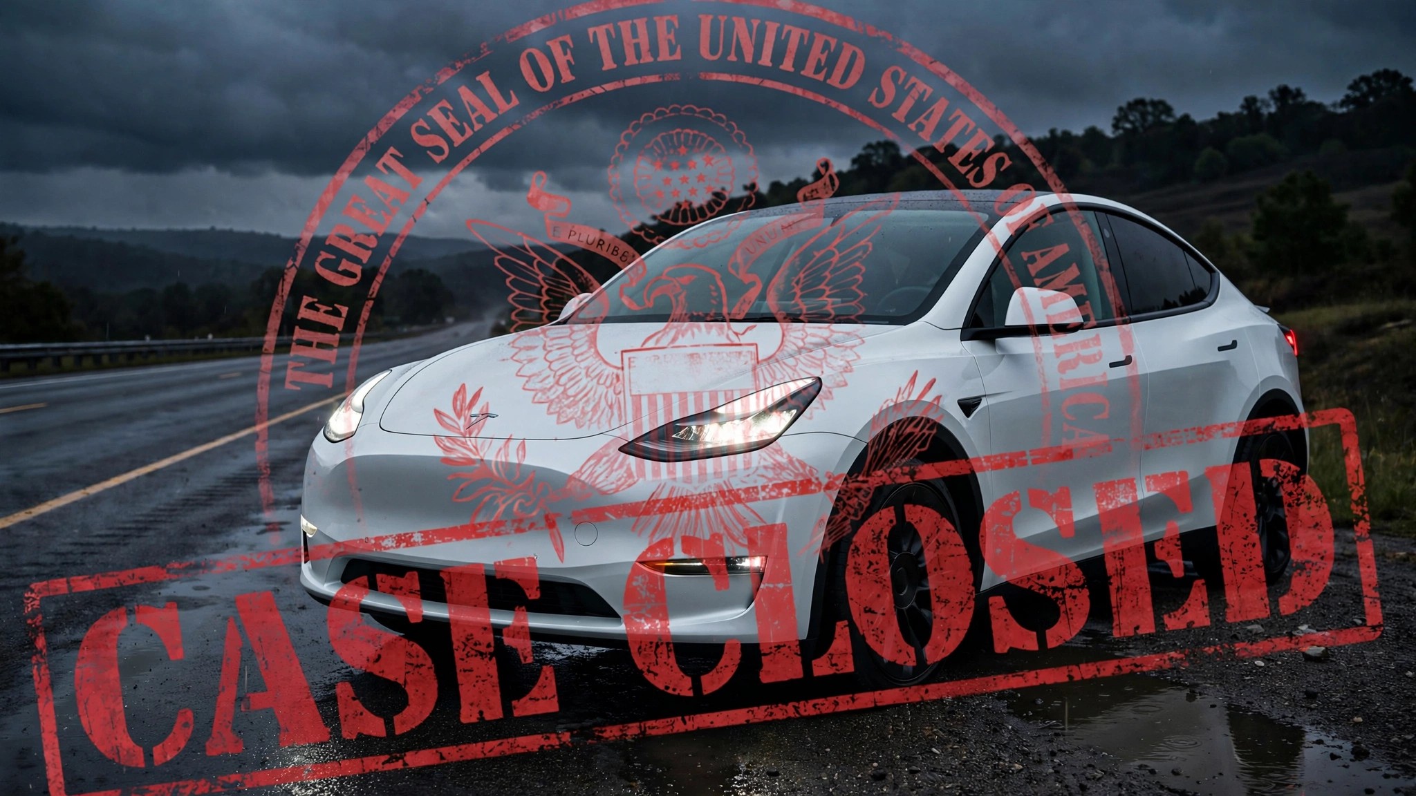 A Tesla Model Y on a highway with a faded NHTSA seal overlaid