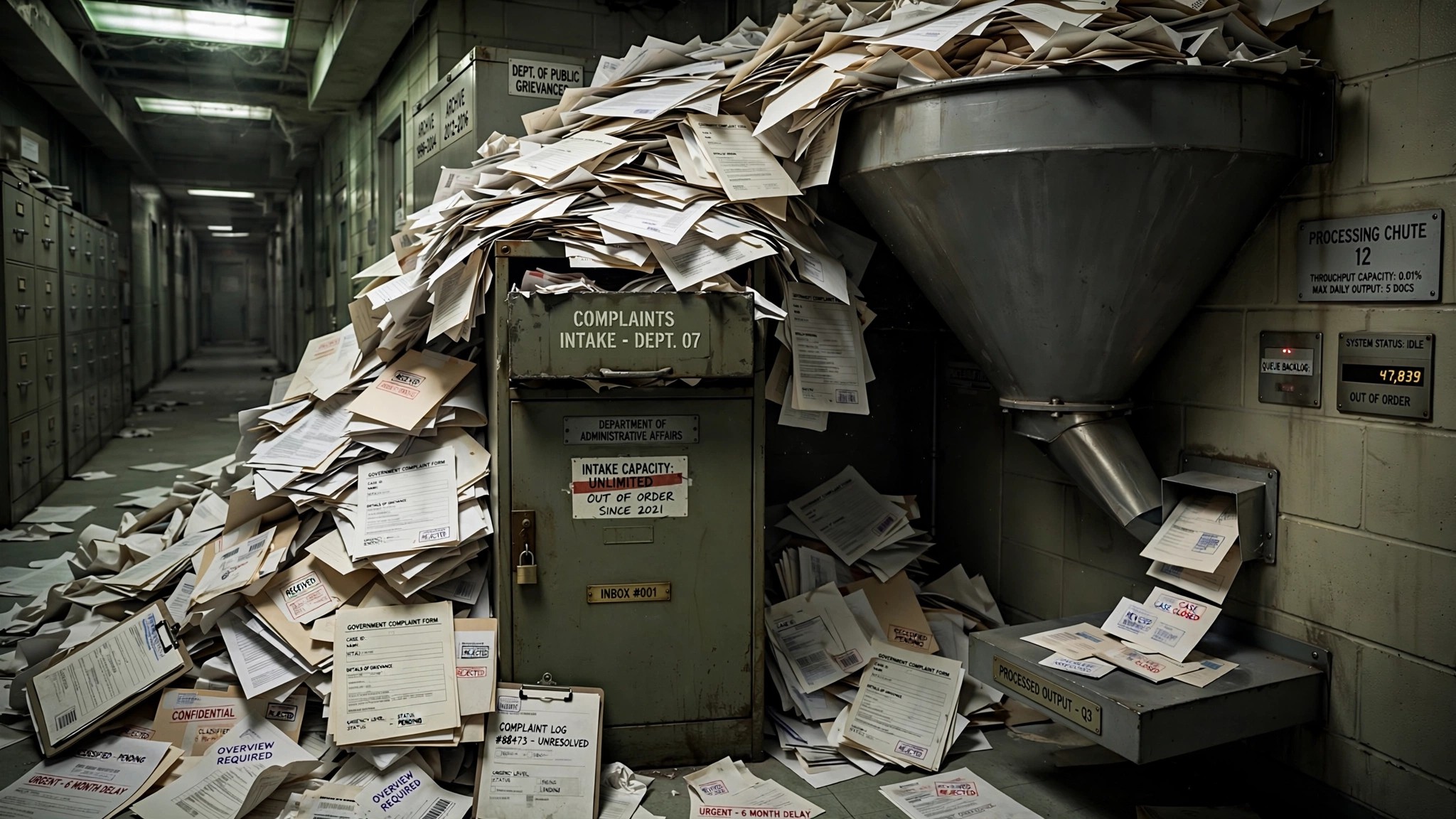 A massive pile of paper complaint forms funneling into a tiny NHTSA investigation desk