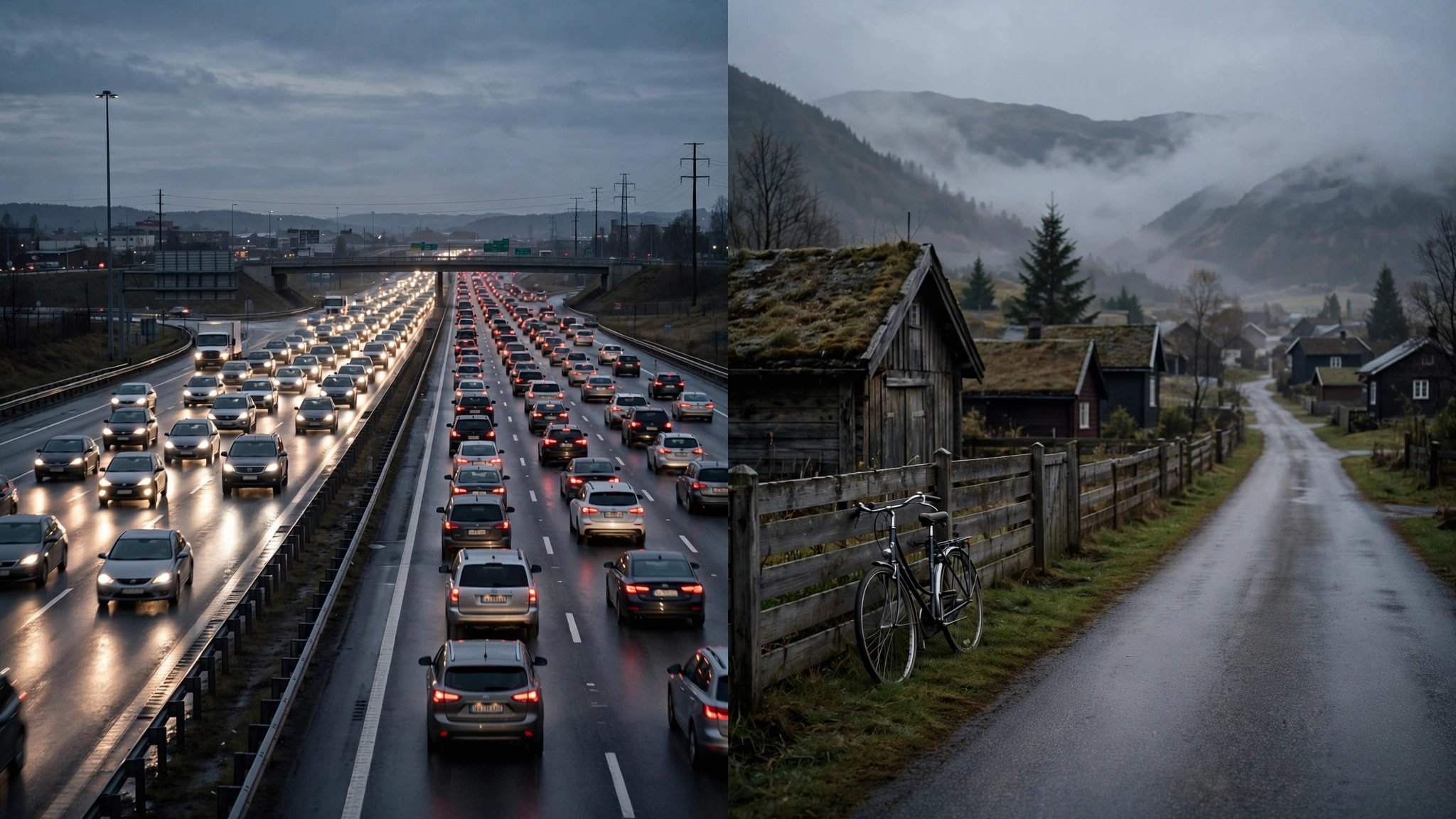 Split view: American highway at dusk vs quiet Norwegian village road