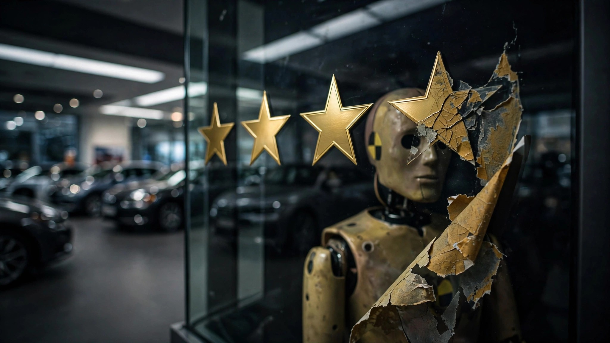 Car showroom window sticker with cracked five-star rating revealing outdated crash test dummy underneath