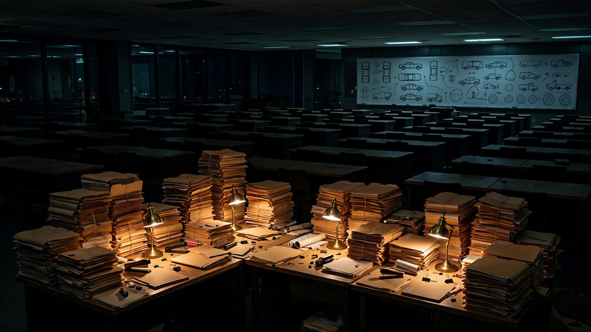 A nearly empty government office with four desks surrounded by towering stacks of vehicle investigation files