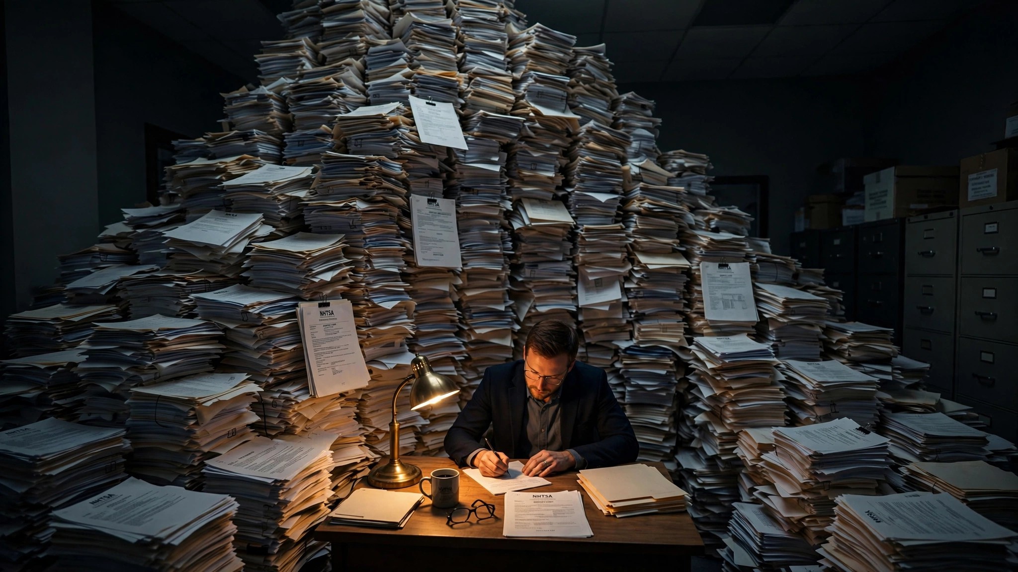 Mountain of paper complaint forms dwarfing a lone investigator at a government desk