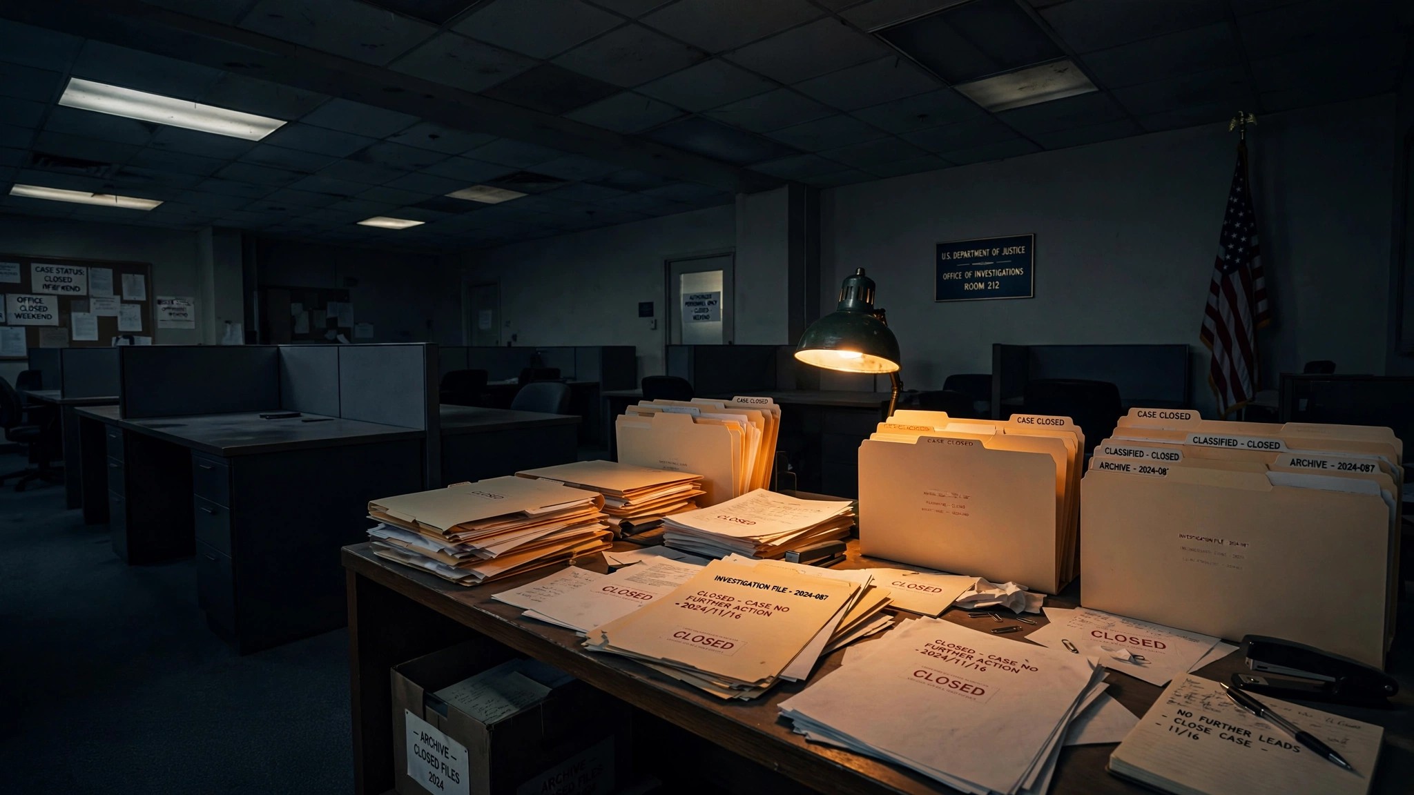 An empty government office building on a Saturday afternoon, fluorescent lights still on, stacks of vehicle safety investigation files on a desk