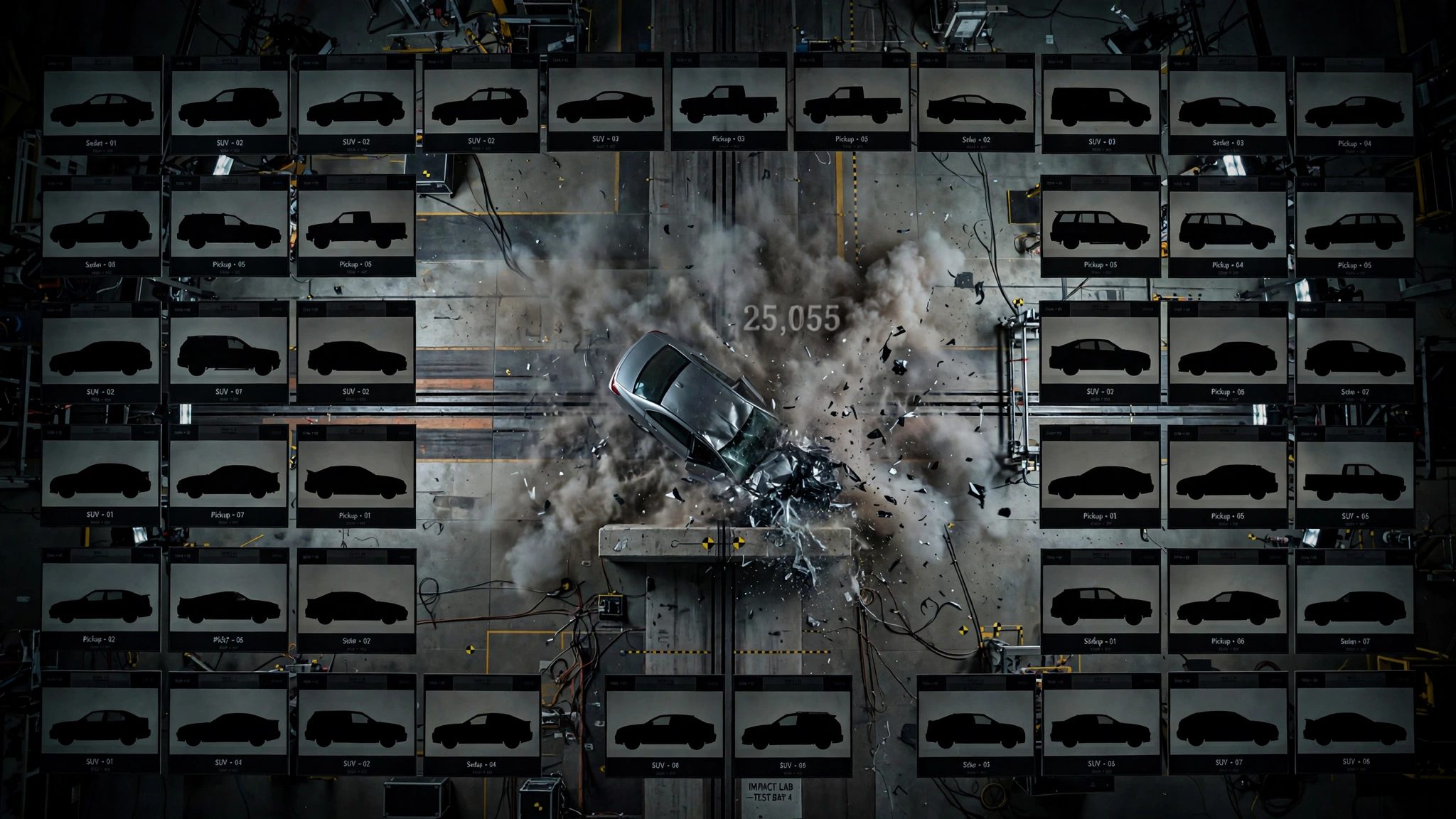 Crash test facility with vehicle silhouettes