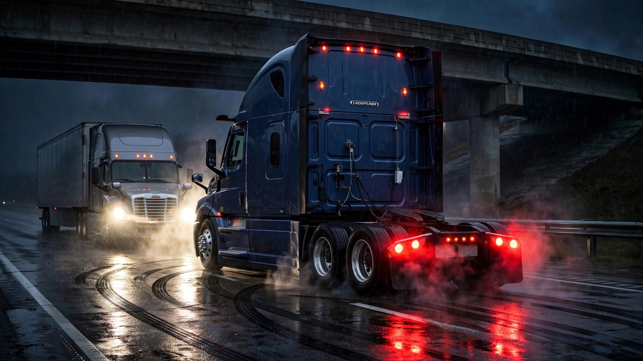 Semi-truck braking hard on a highway at night with red brake lights blazing