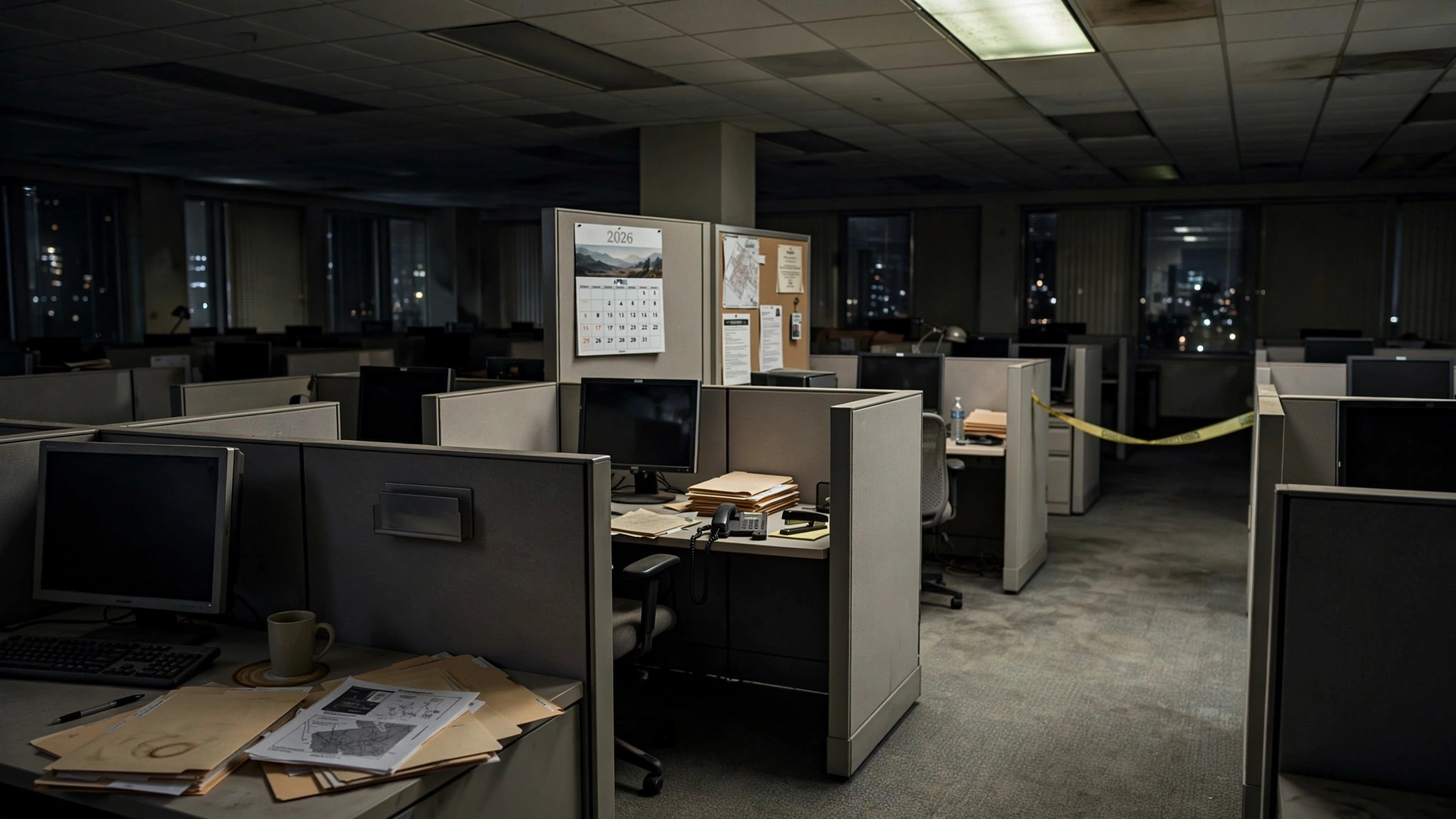 An empty NHTSA investigation office with dusty crash report files