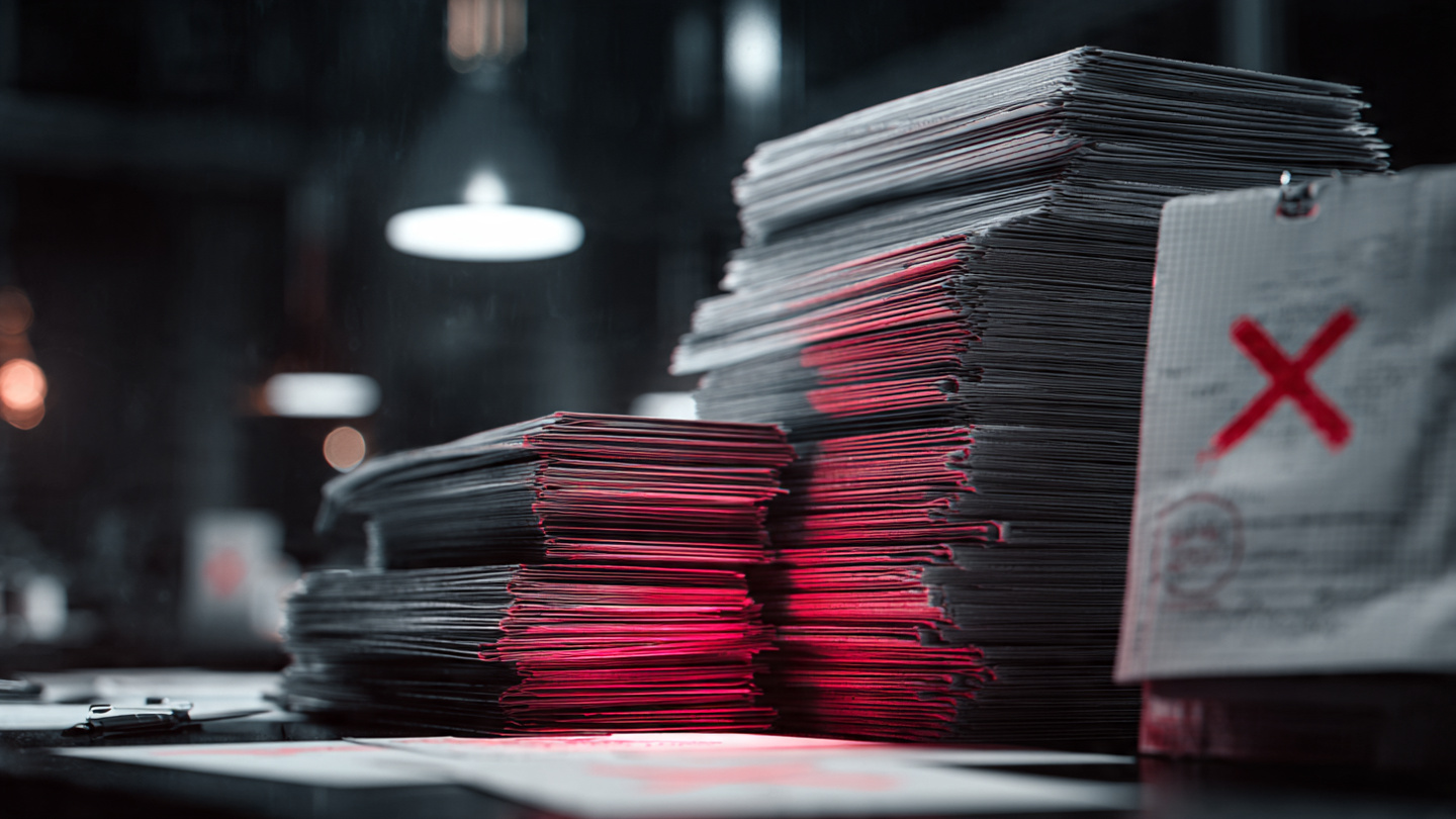Government safety regulation documents stacked on a desk with red X marks