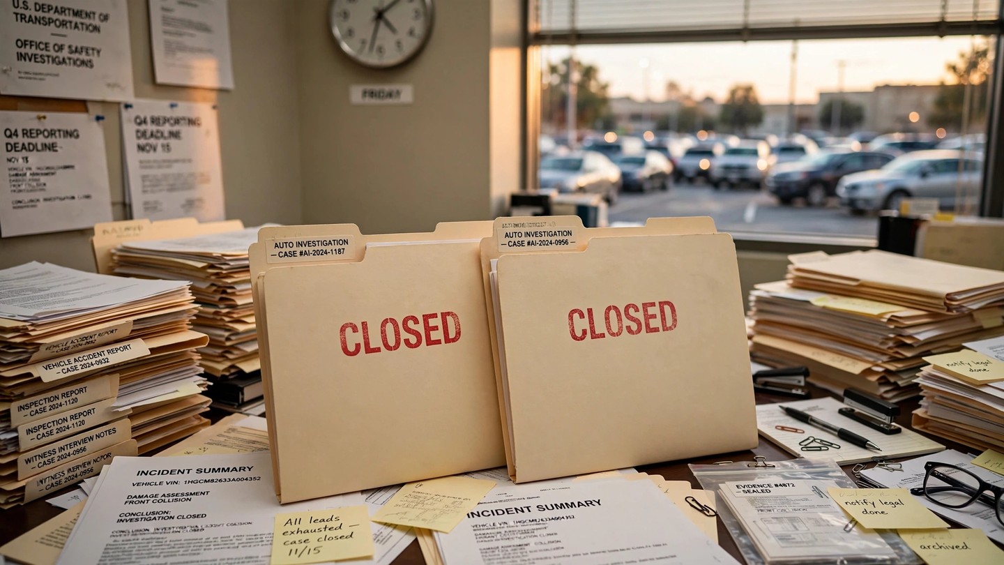 A government desk stacked with automotive investigation case files stamped CLOSED
