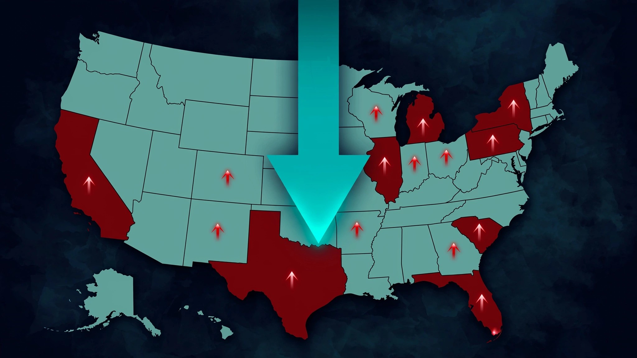 Map of the United States with nine states highlighted in red against dark blue background
