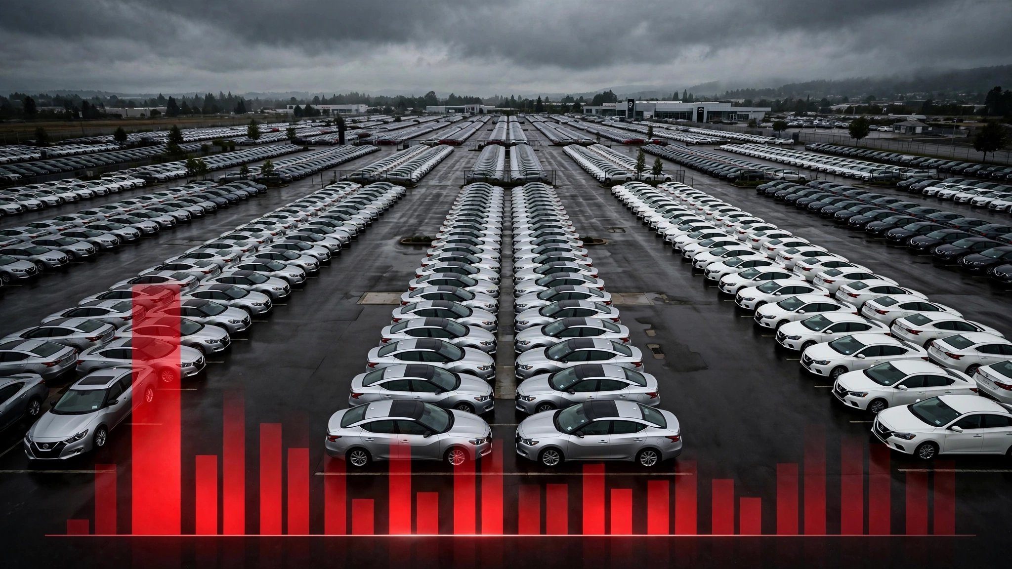 Rows of Nissan sedans on a dealership lot under overcast sky with a red bar chart overlay