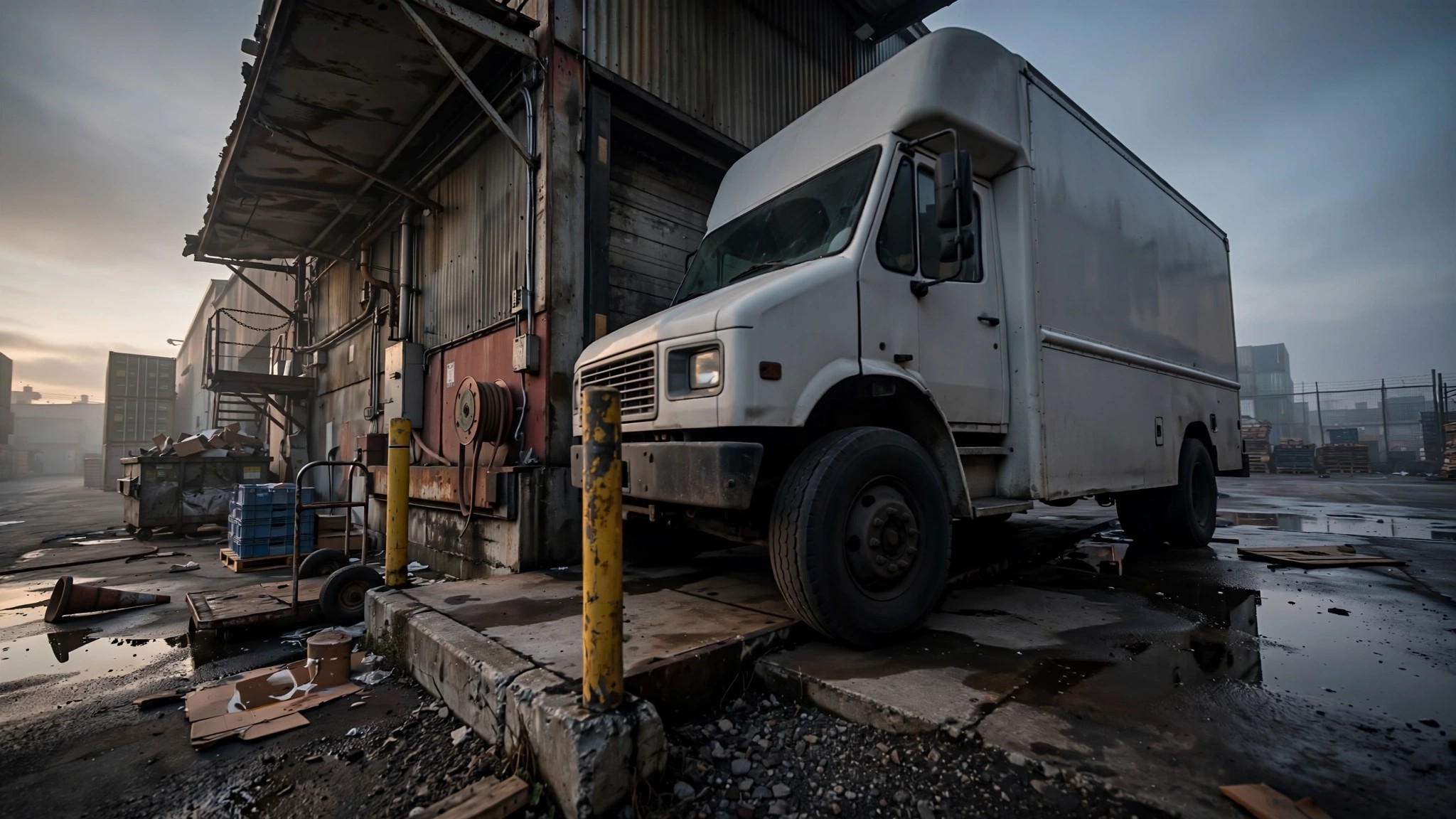 Large white commercial cargo van at an industrial loading dock, low angle emphasizing its imposing size