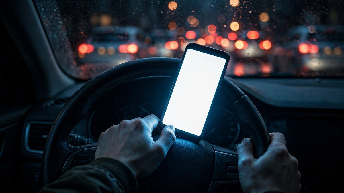 A smartphone screen glowing in a dark car interior at night