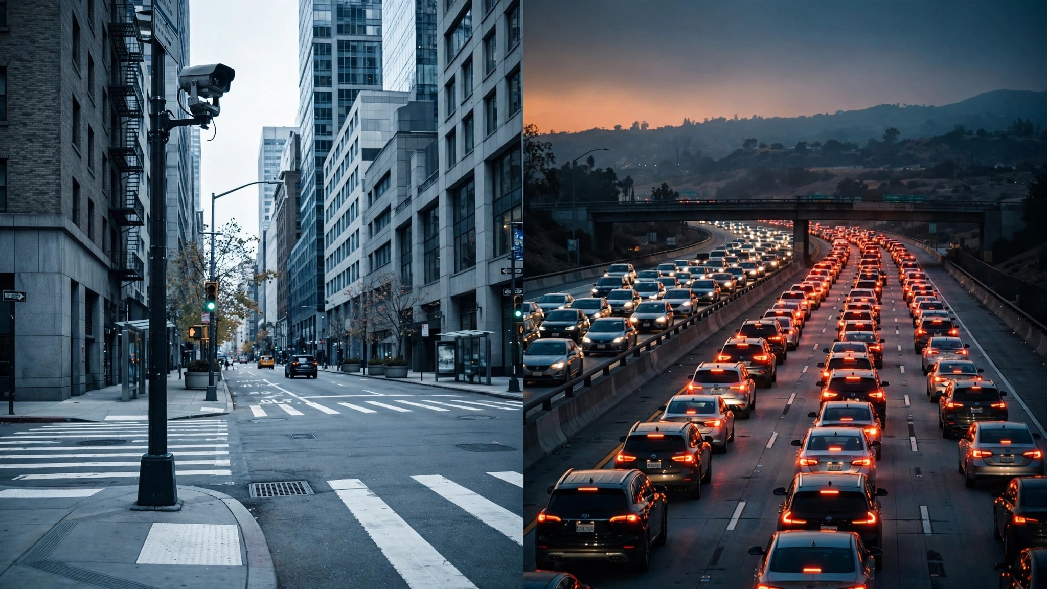 Split-screen comparison of a calm NYC street with speed cameras and a congested California freeway