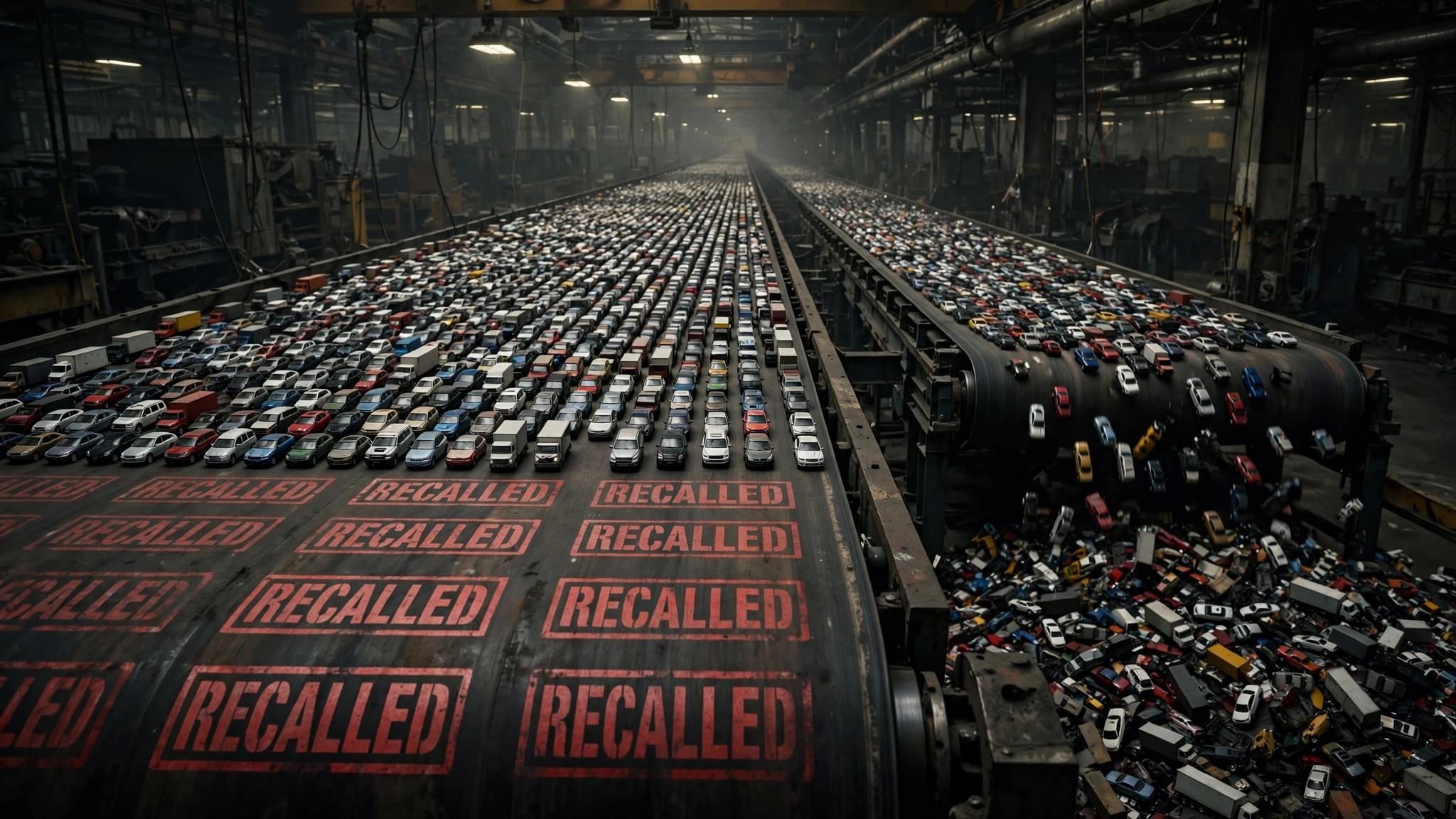 Industrial conveyor belt loaded with miniature recalled vehicles