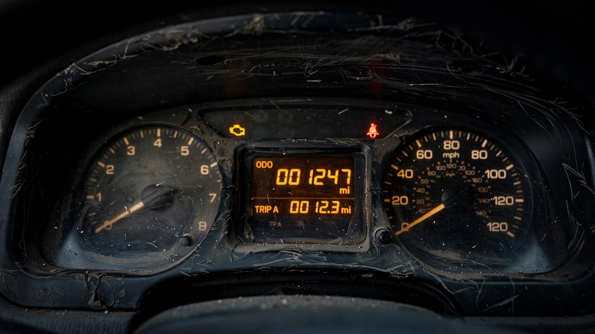 Worn car dashboard with digital odometer showing suspiciously low mileage