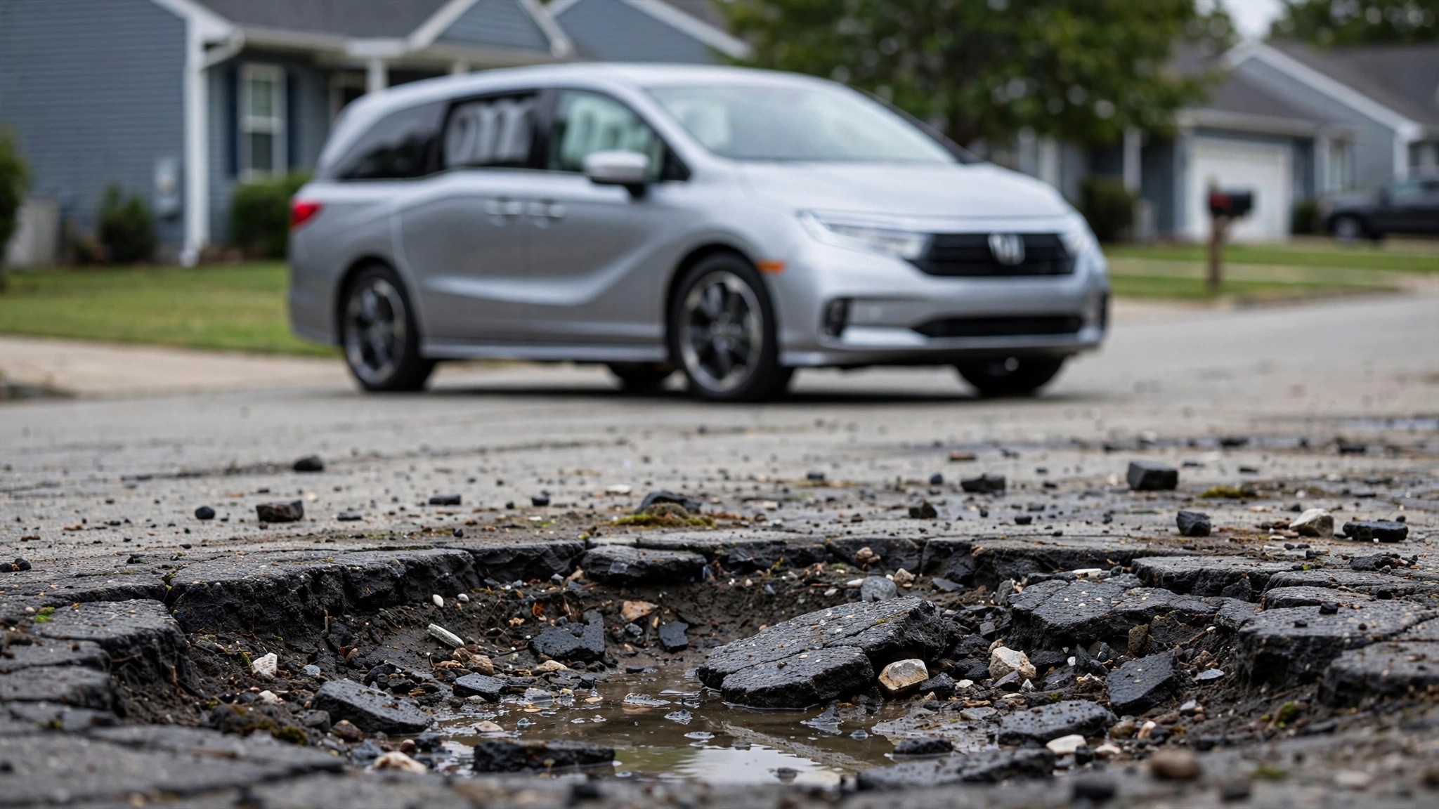 A Honda Odyssey minivan on a suburban street with a pothole in the foreground