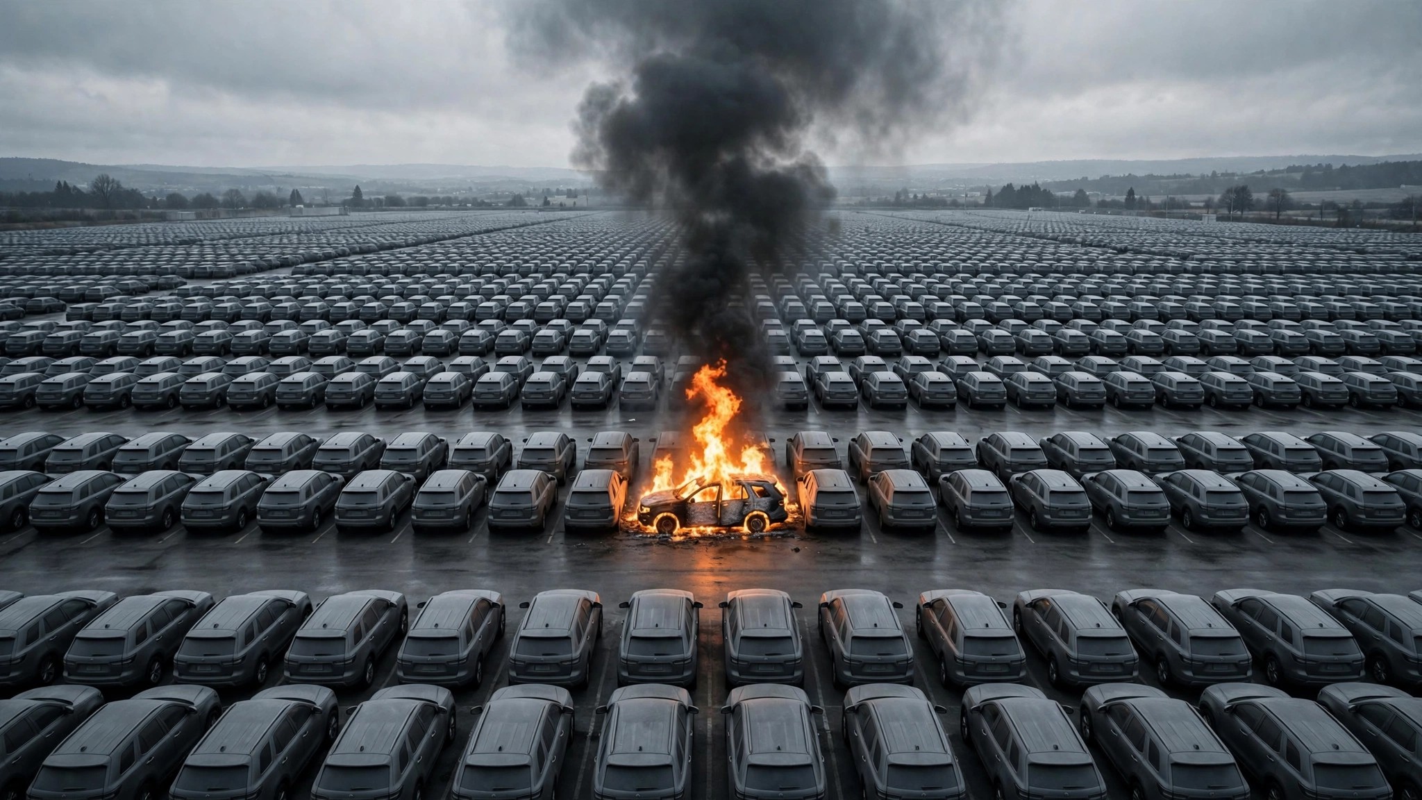 A single vehicle burning in a vast parking lot of identical SUVs