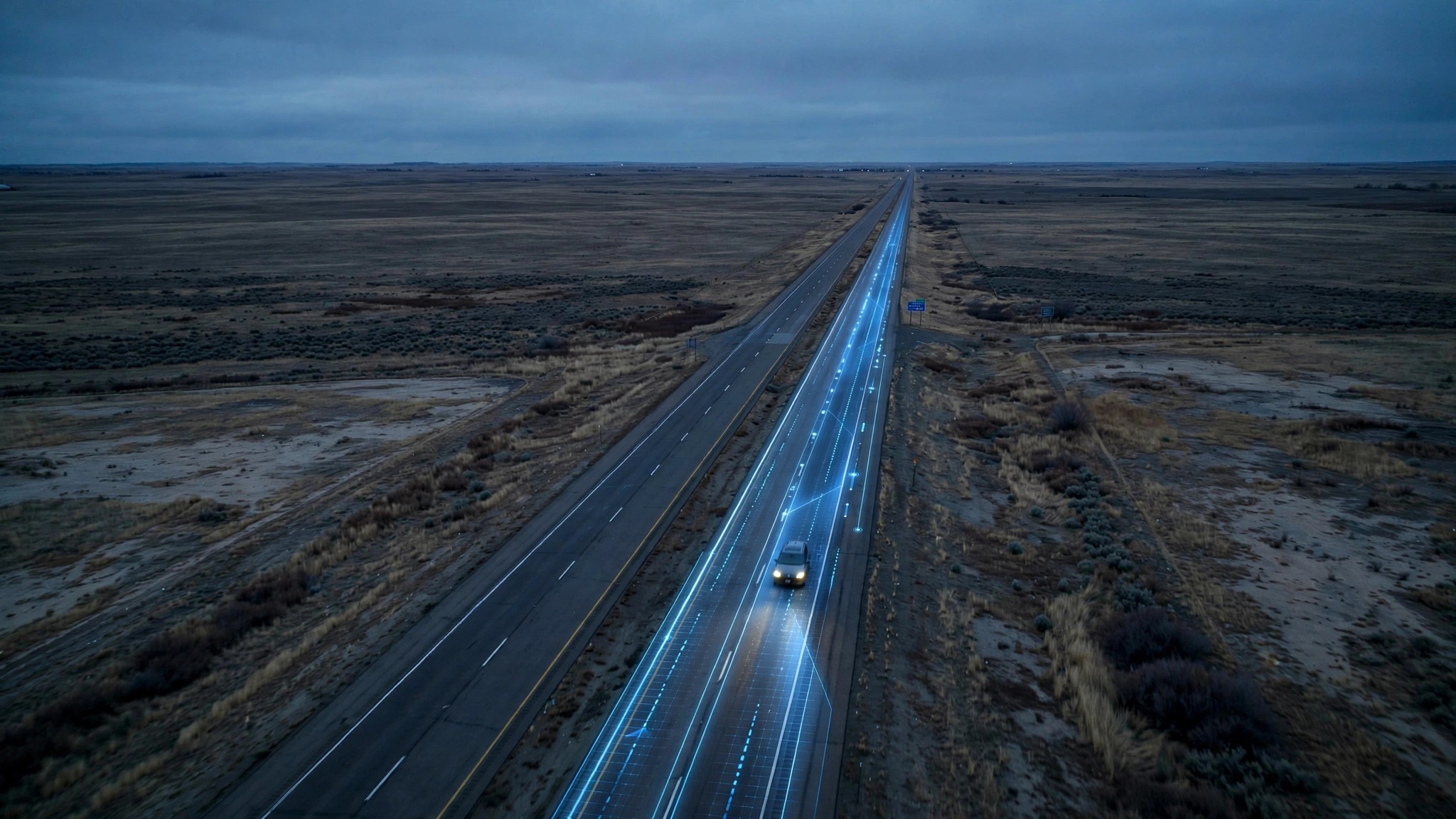 An aerial photograph of a long interstate highway cutting through unfamiliar terrain at dusk