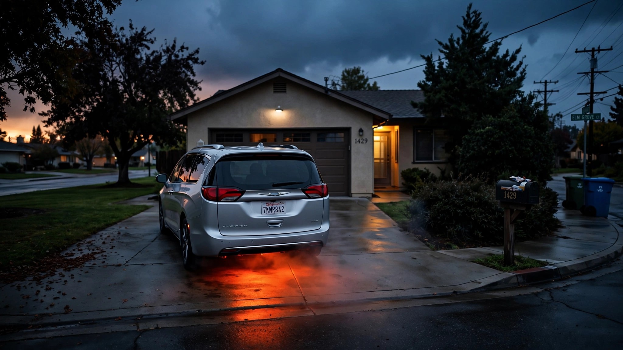 Chrysler Pacifica minivan parked in suburban driveway with ominous glow from undercarriage suggesting battery thermal event