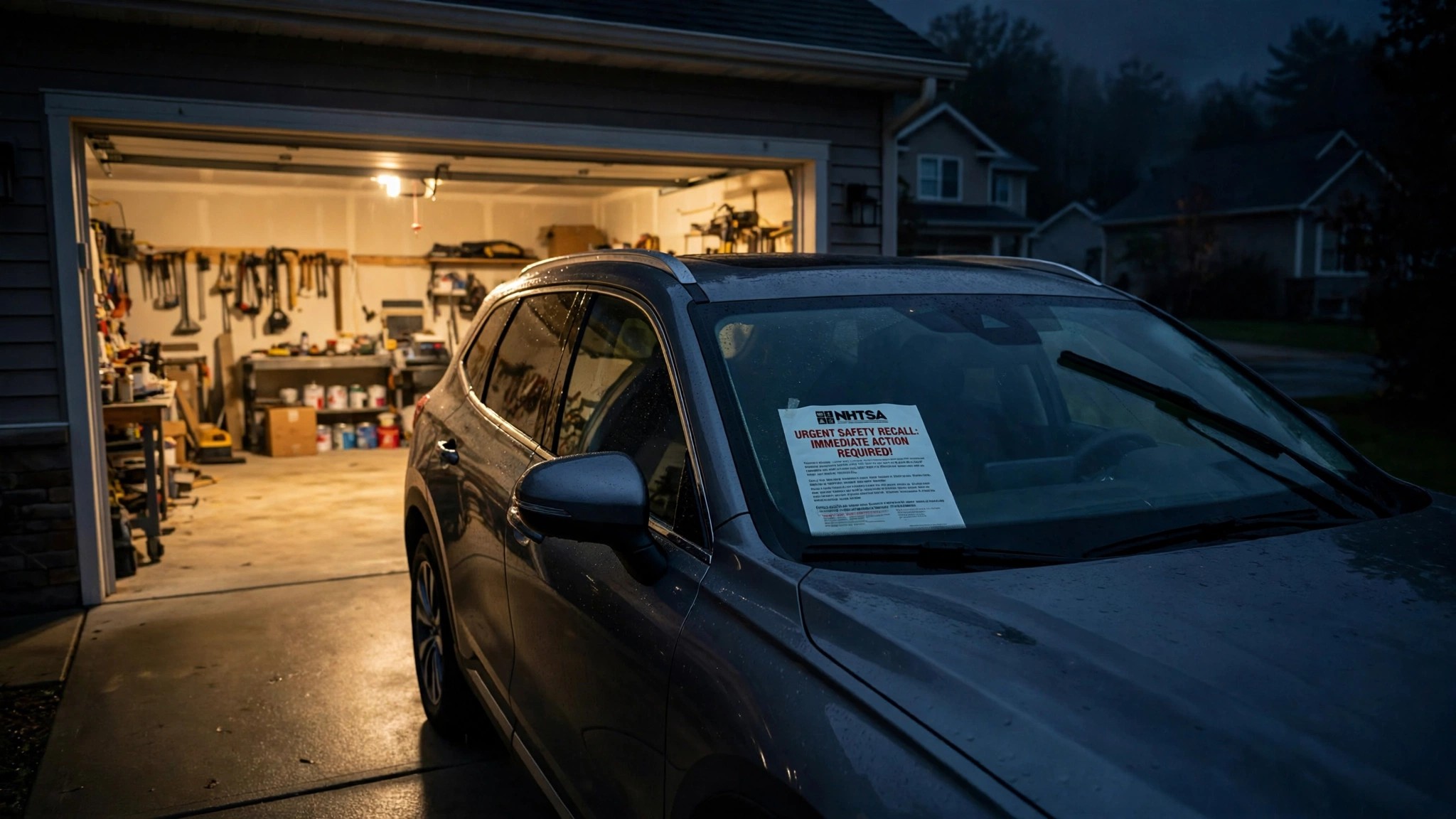 A car parked in a driveway outside an open garage at night with a recall notice on the windshield