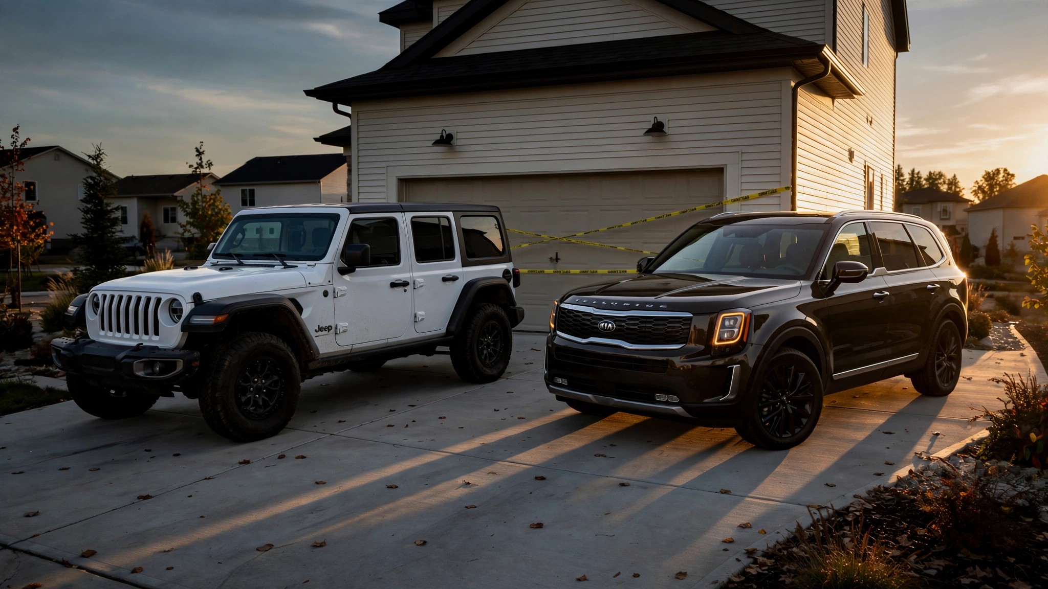 Jeep Wrangler and Kia Telluride parked outside garage at dusk with caution tape