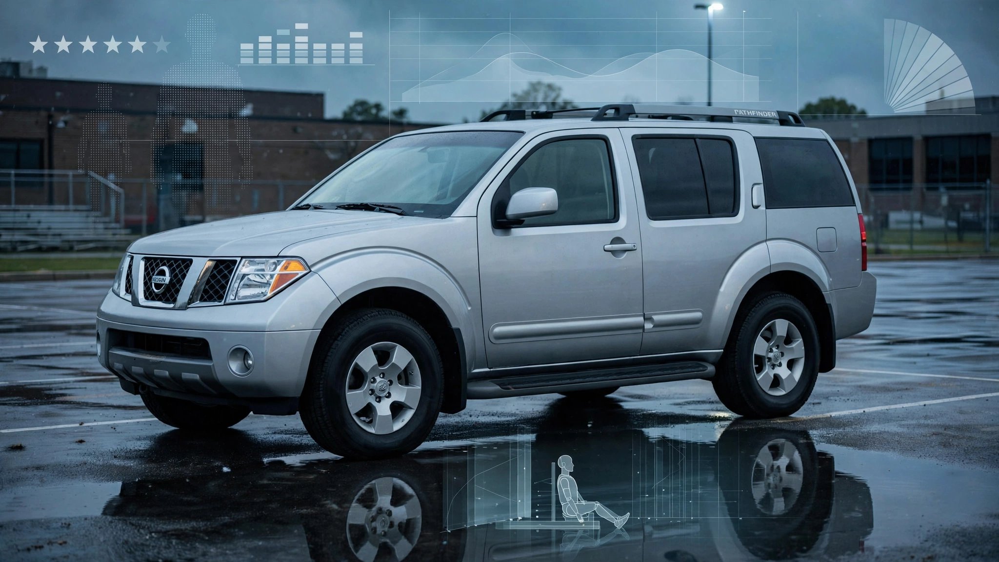 A silver Nissan Pathfinder in a high school parking lot at dusk
