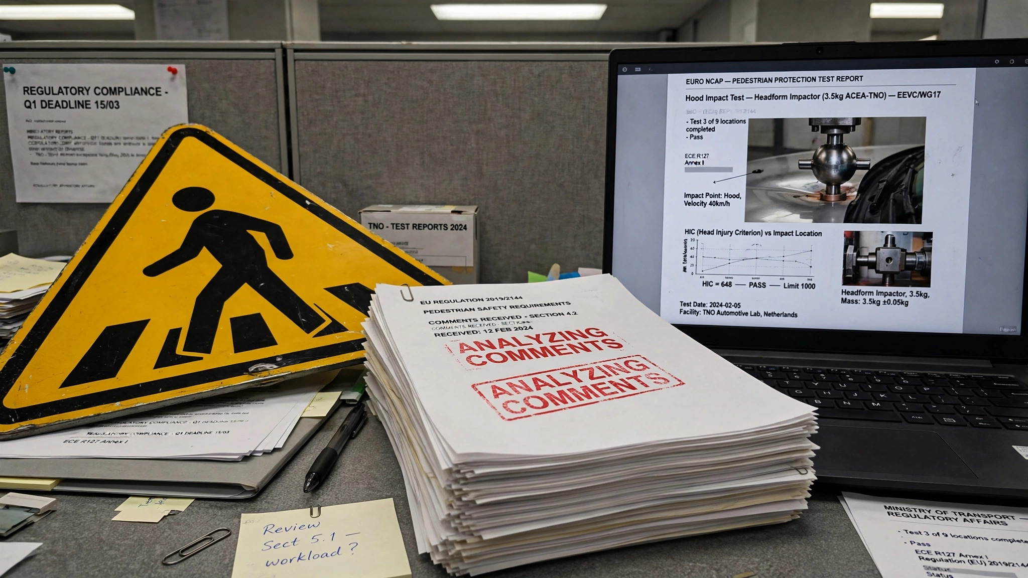 A pedestrian crossing sign lies next to regulatory documents stamped Analyzing Comments