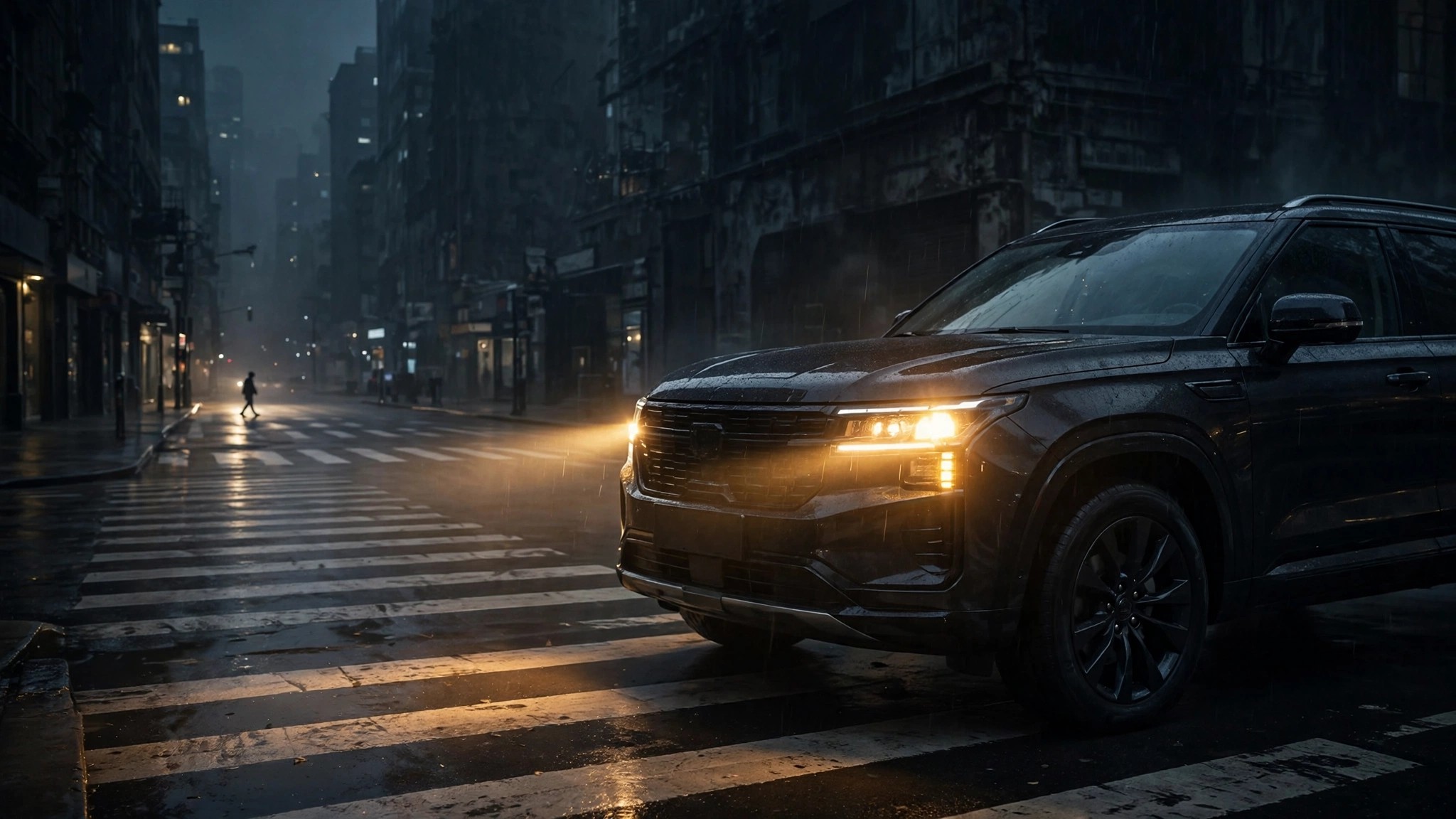 Large SUV headlights illuminating a crosswalk at night with a lone pedestrian silhouette
