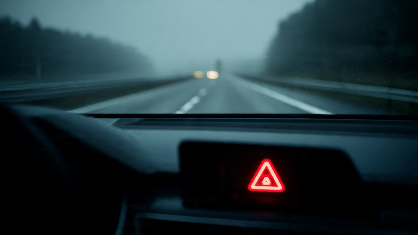 Car dashboard AEB warning on empty highway