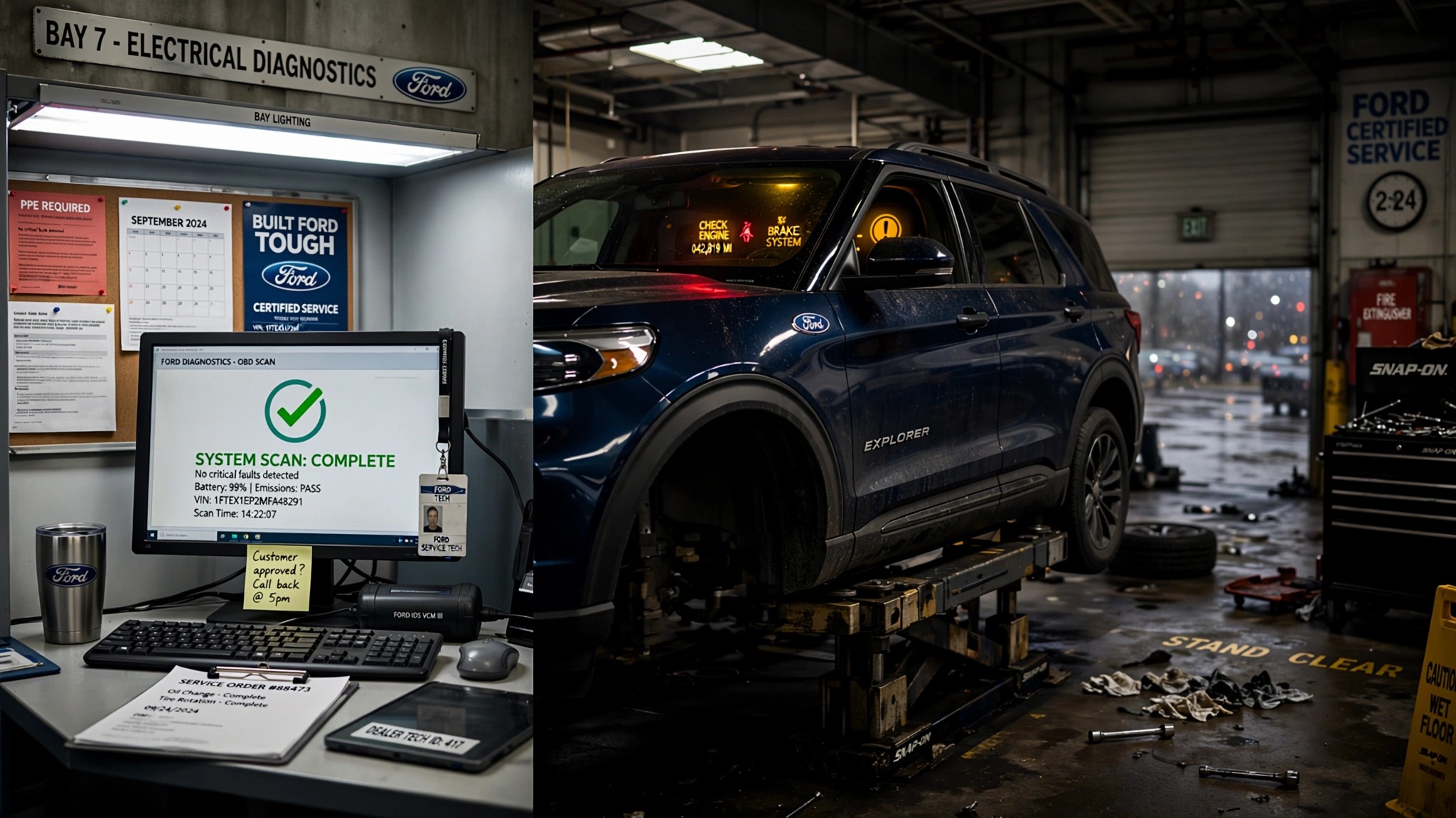 Ford dealership service bay with diagnostic screen showing green checkmark while vehicle dashboard still shows warning lights