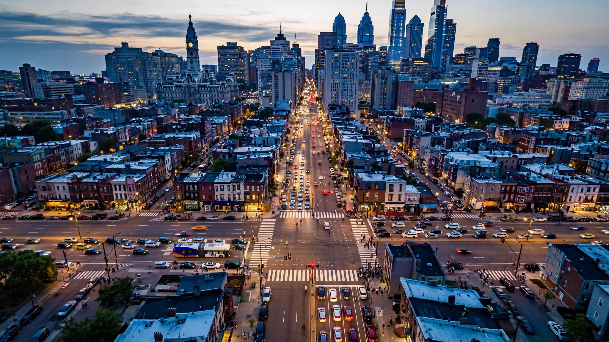 Aerial view of a busy Philadelphia intersection at dusk