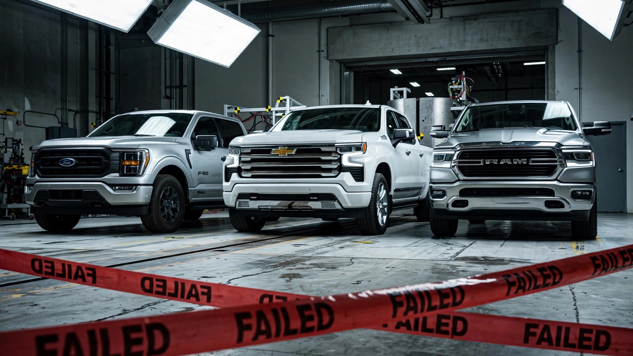Three pickup trucks in a crash test facility