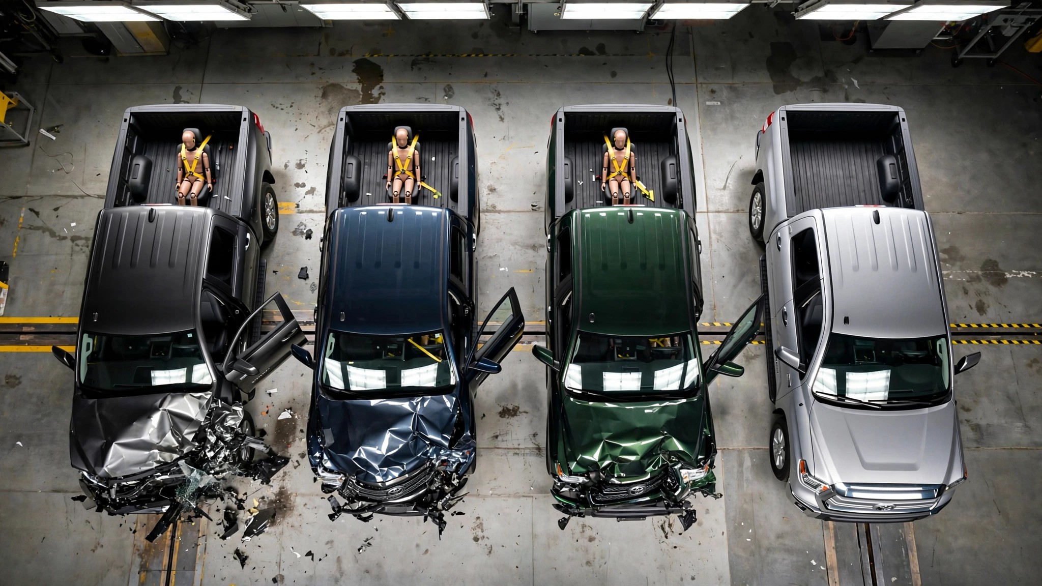 Crash test dummy in the rear seat of a full-size pickup truck with a seatbelt riding high on the abdomen