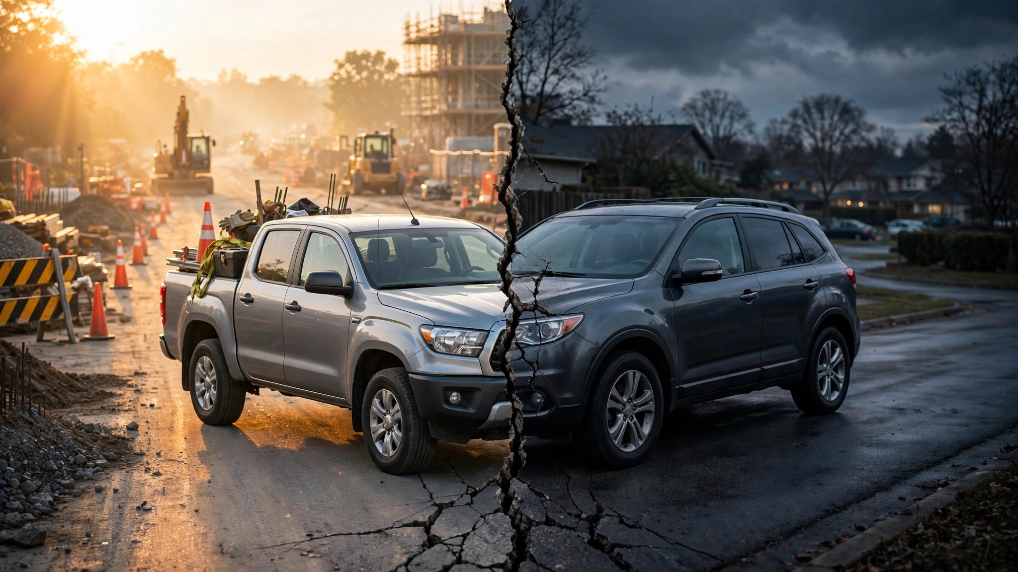 Split view of a pickup truck and SUV diverging on parallel roads