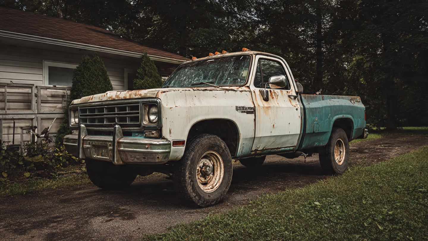 An aging pickup truck silhouette against FARS fatality data visualizations showing disproportionate pre-2005 death counts