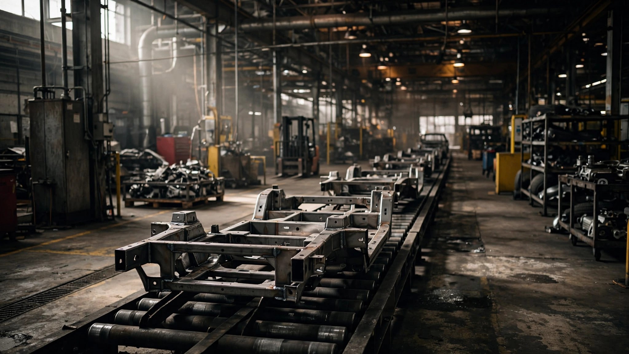 Vehicle chassis frames on an automotive assembly line