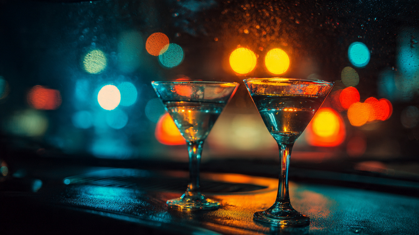 Cocktail glasses on car dashboard at night