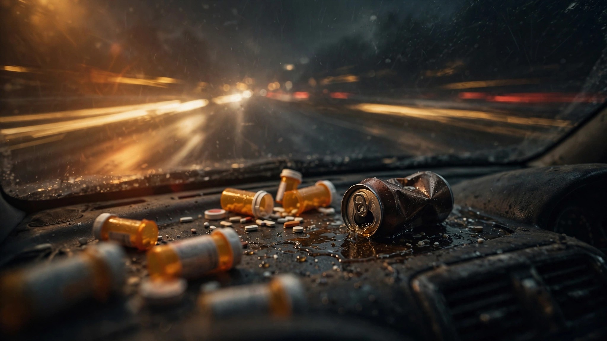 Blurred nighttime highway with pill bottles and spilled beer can on dashboard