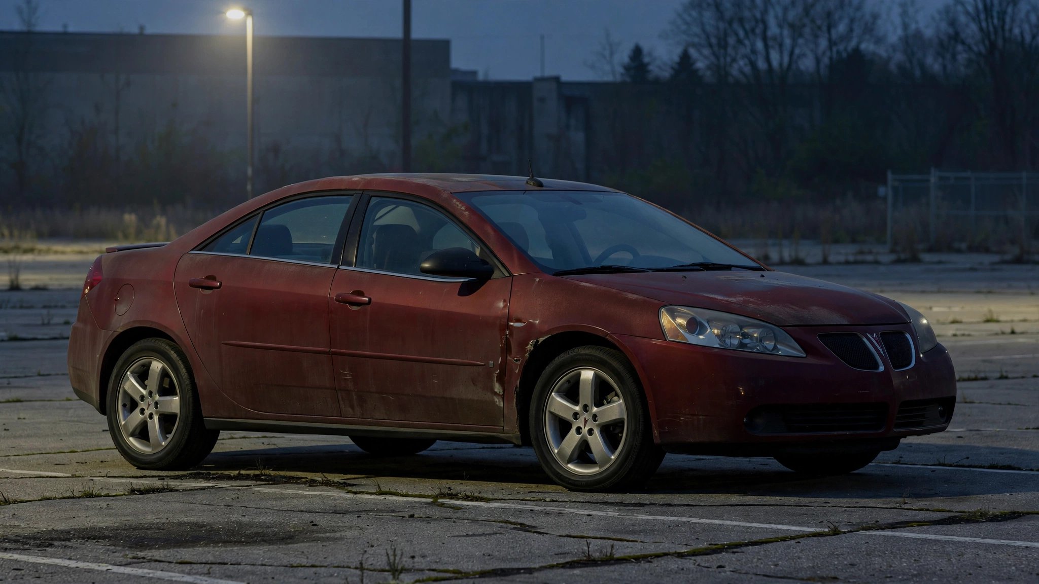 A faded Pontiac G6 sedan in a dimly lit parking lot