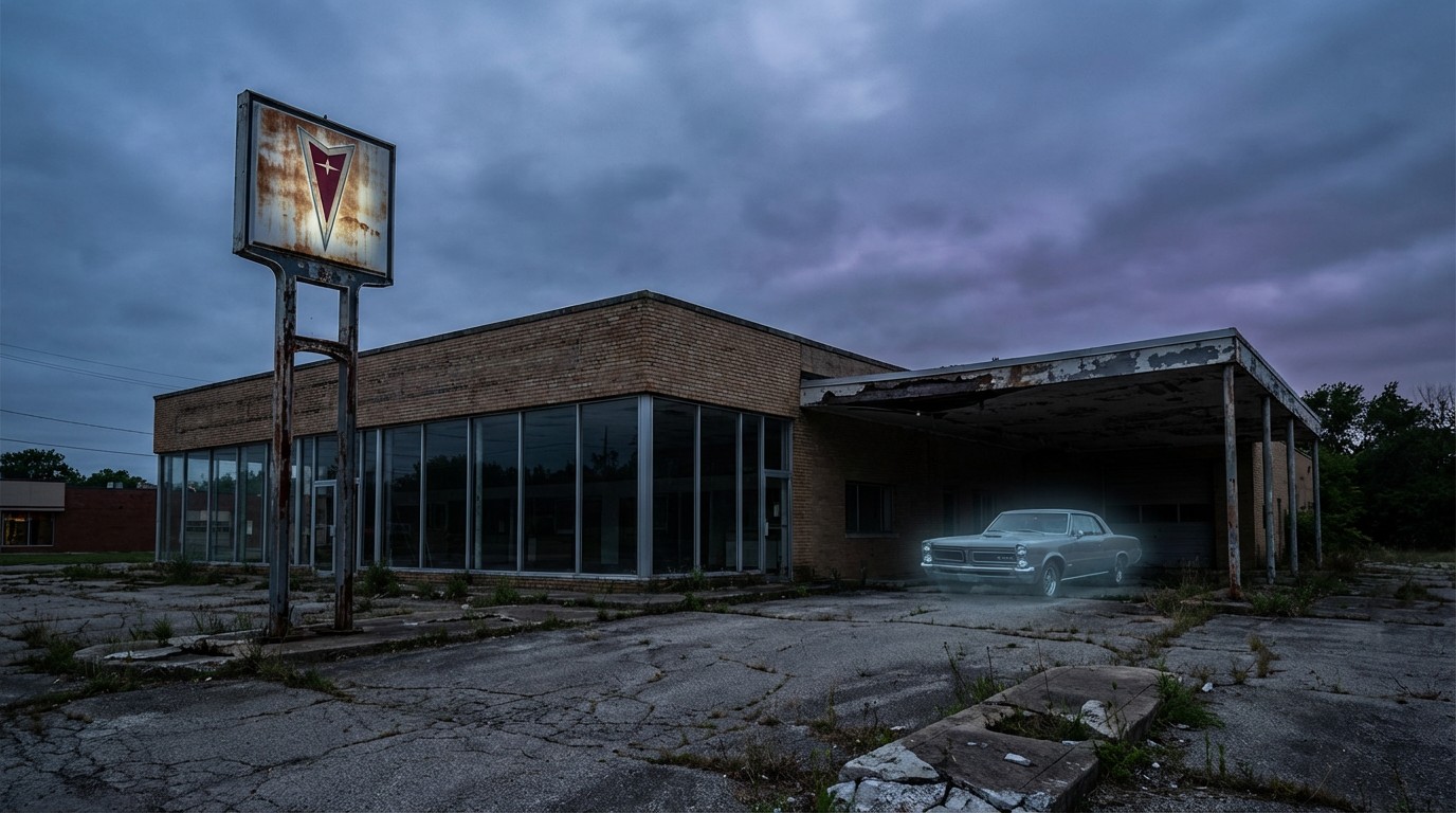 Abandoned Pontiac dealership at dusk