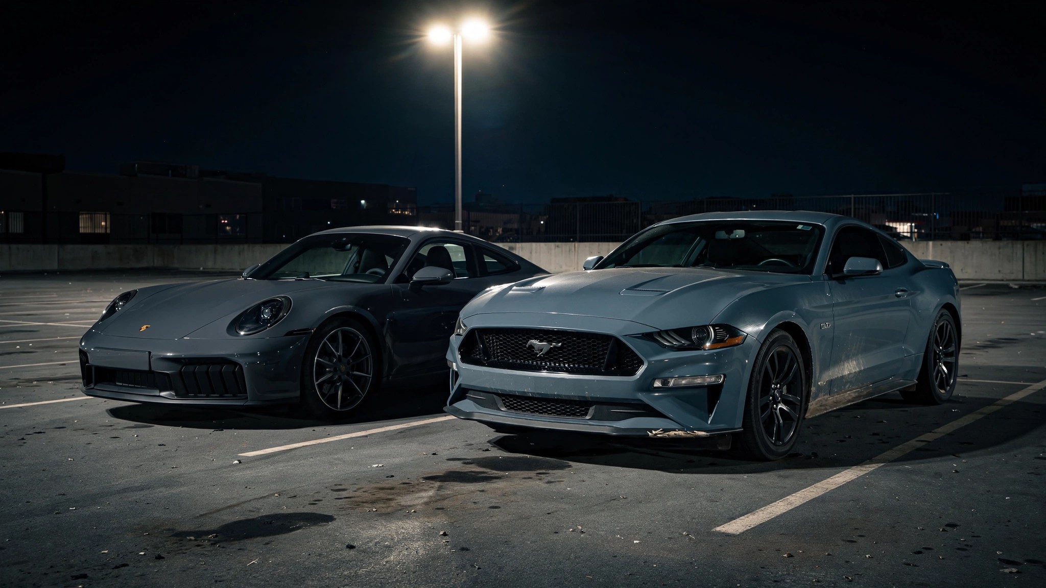 A Porsche 911 and Ford Mustang side by side in a dark parking lot