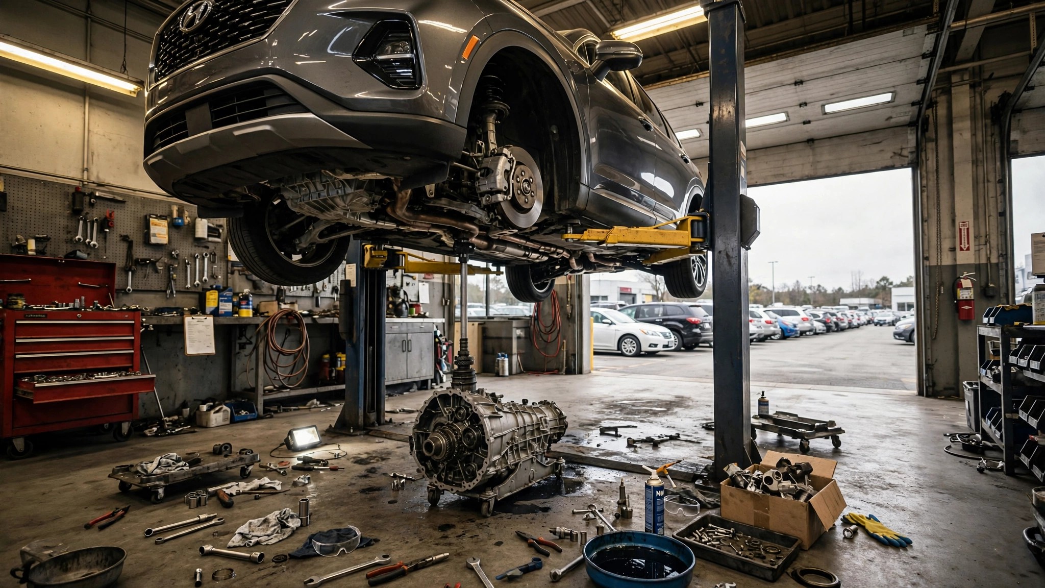 A car on a lift with its transmission removed in a busy service bay, vehicles lined up behind it